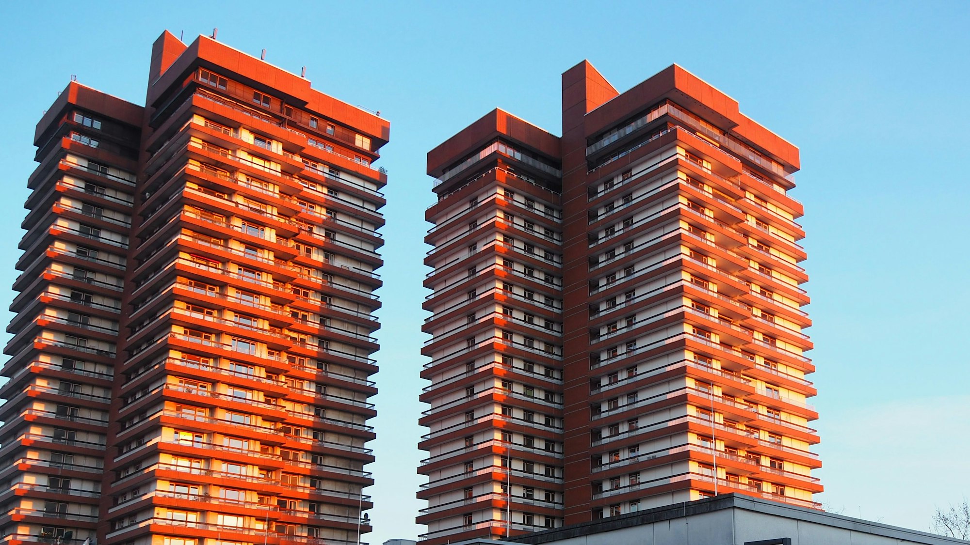 Vier Hochhäuser im Sonnenschein.