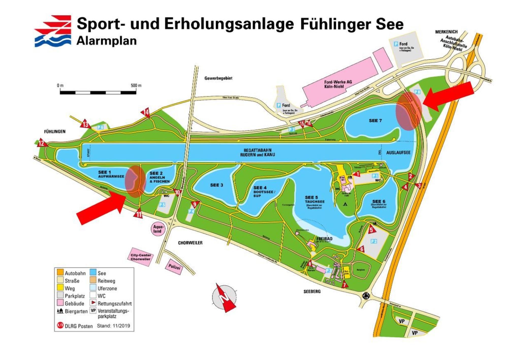 Die Grafik zeigt eine Karte des Fühlinger Sees. An See 1 und See 7 sind die beiden geplanten Badestellen rot markiert.
