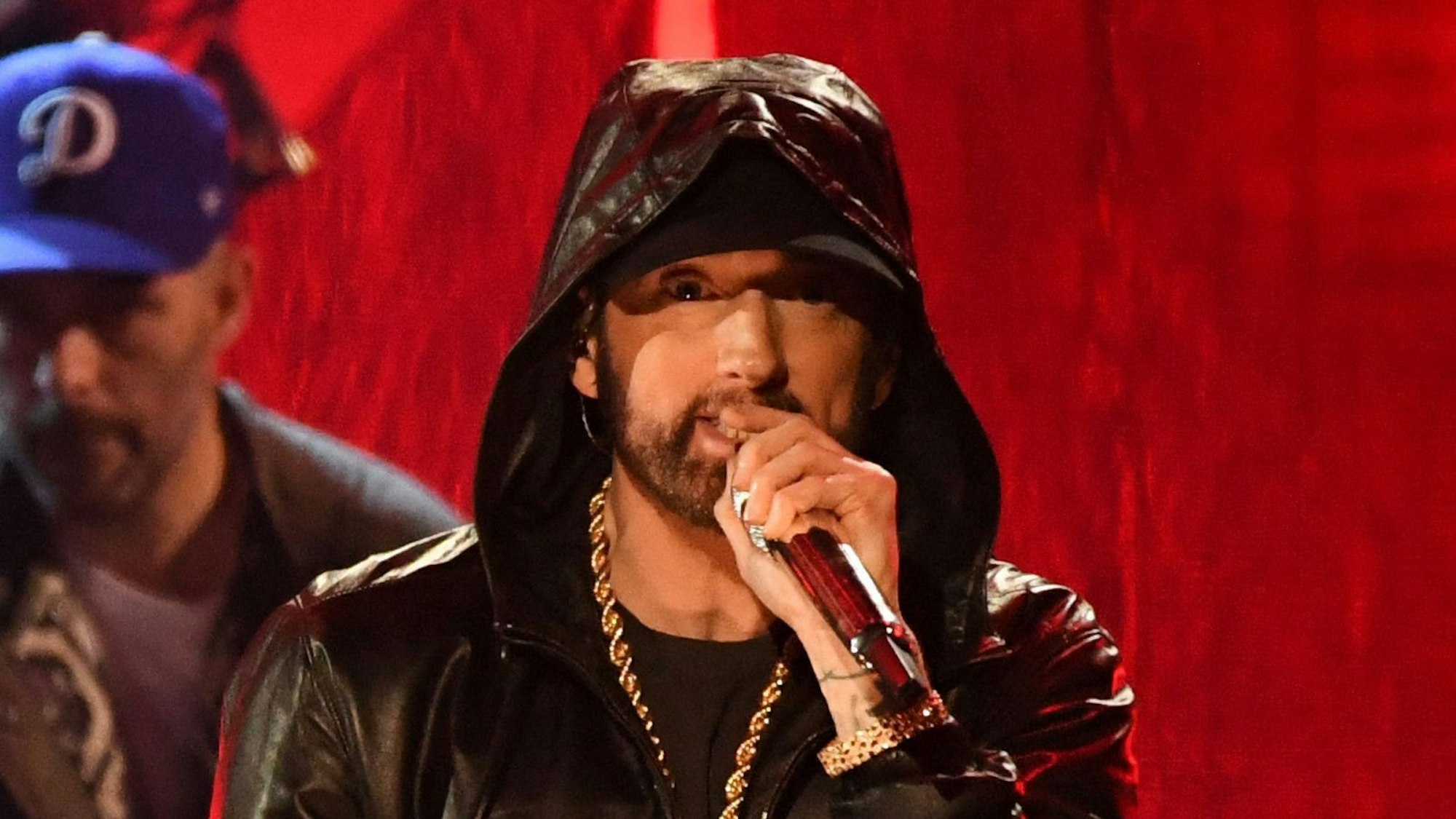 (FILES) Inductee US rapper Eminem performs on stage during the 37th Annual Rock and Roll Hall of Fame Induction Ceremony at the Microsoft Theatre on November 5, 2022, in Los Angeles, California. Rap star Eminem has formally asked Republican presidential hopeful Vivek Ramaswamy to stop using his music on the campaign trail, according to a letter made public on August 28, 2023. (Photo by VALERIE MACON / AFP)