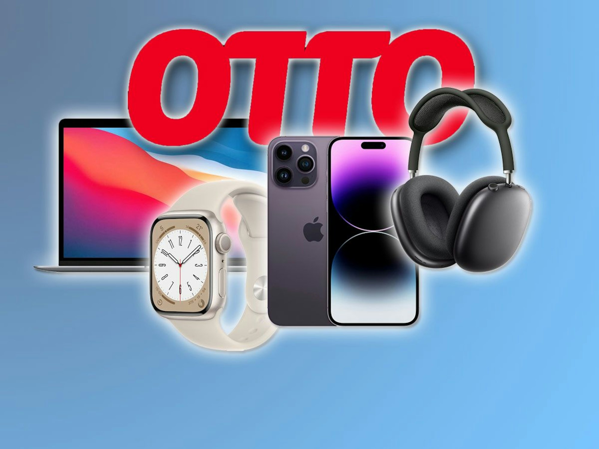 Otto Logo, Apple MacBook Air, iPhone 14, Apple Watch Series 8, Apple AirPods Pro Max.