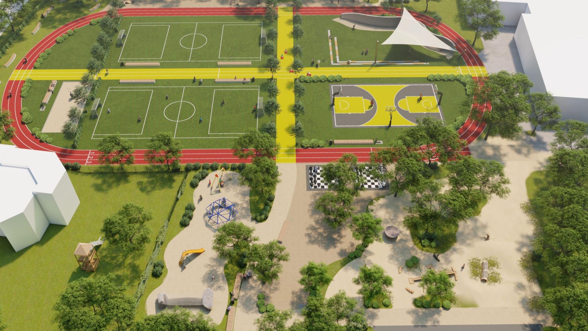Eine Grafik zeigt einen Spiel- und Sportplatz, unter anderem mit Spielfeldern für Fußball, Streetball und Schach