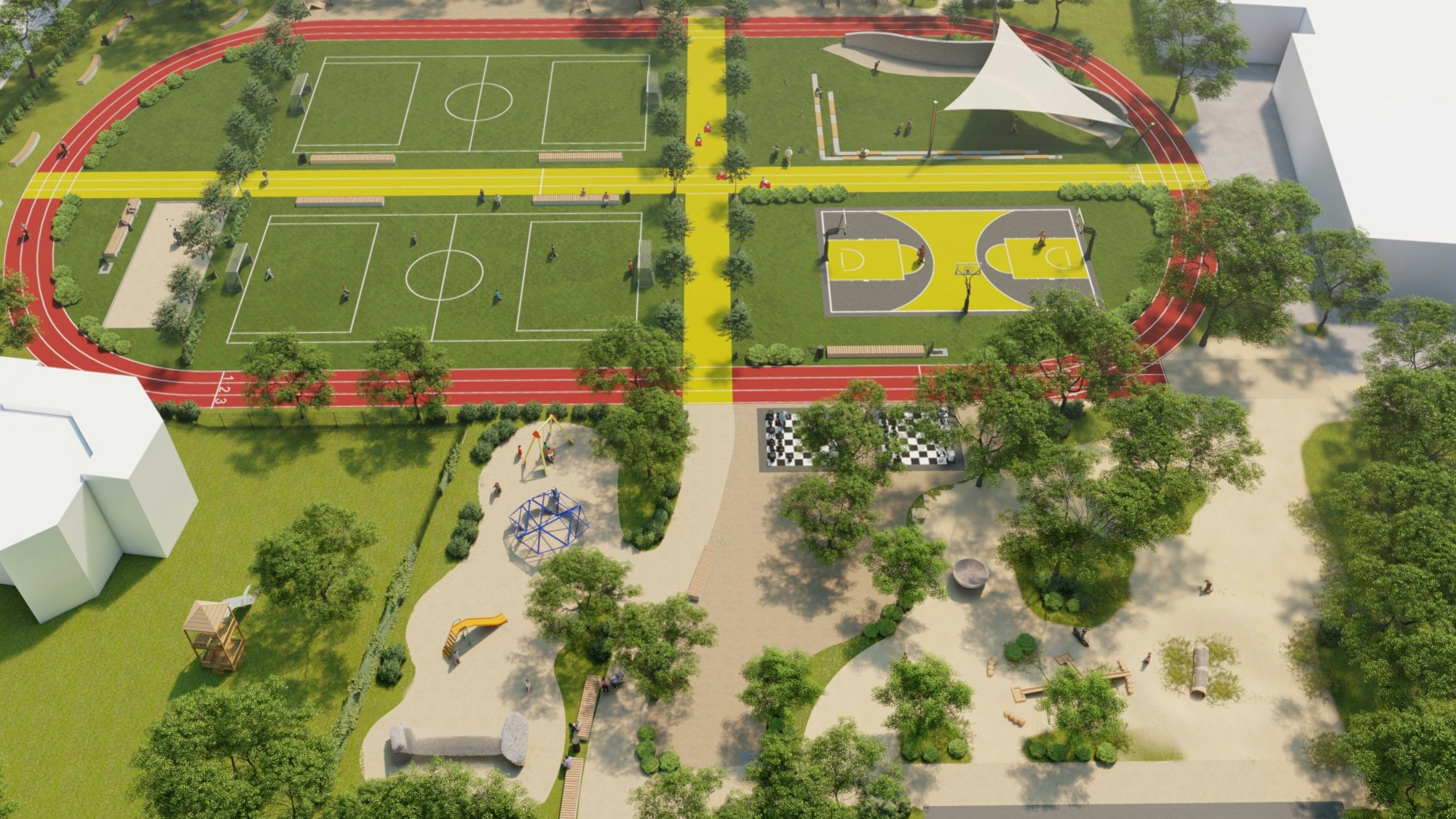 Eine Grafik zeigt einen Spiel- und Sportplatz, unter anderem mit Spielfeldern für Fußball, Streetball und Schach