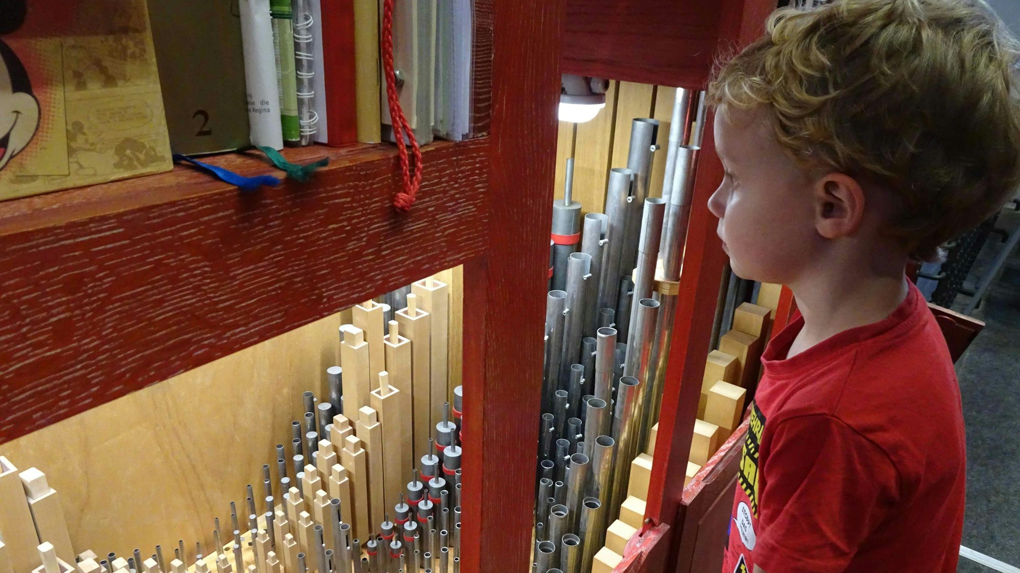 Erster Orgeltag in der katholischen Pfarrkirche St. Martin, Rheinbach: Henri (vier Jahre) schaut sich die kleinen Pfeifen der Rieger-Orgel an.