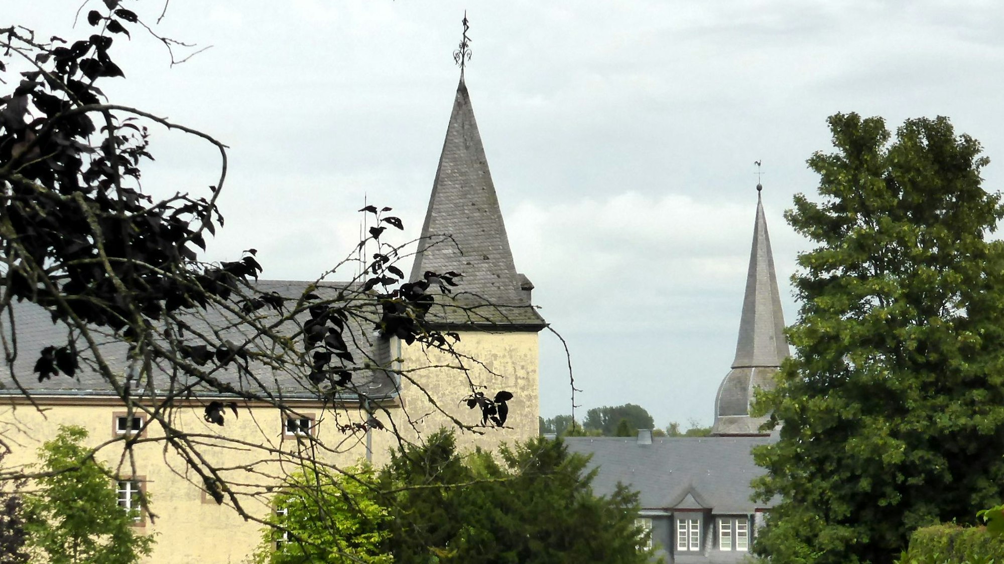 gelbes Schloss durch Bäume und Büsche fotografiert