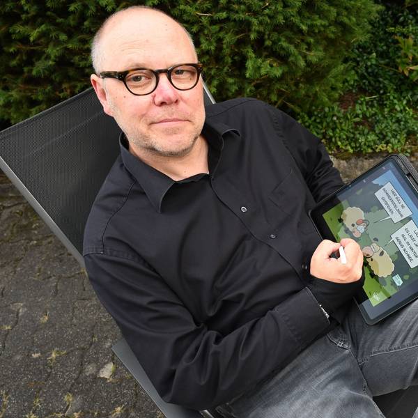 Unser Cartoonist Michel Ley (52) zeichnet seine Bilder am Tablet. Nur selten greift er zu Bleistift und Papier.