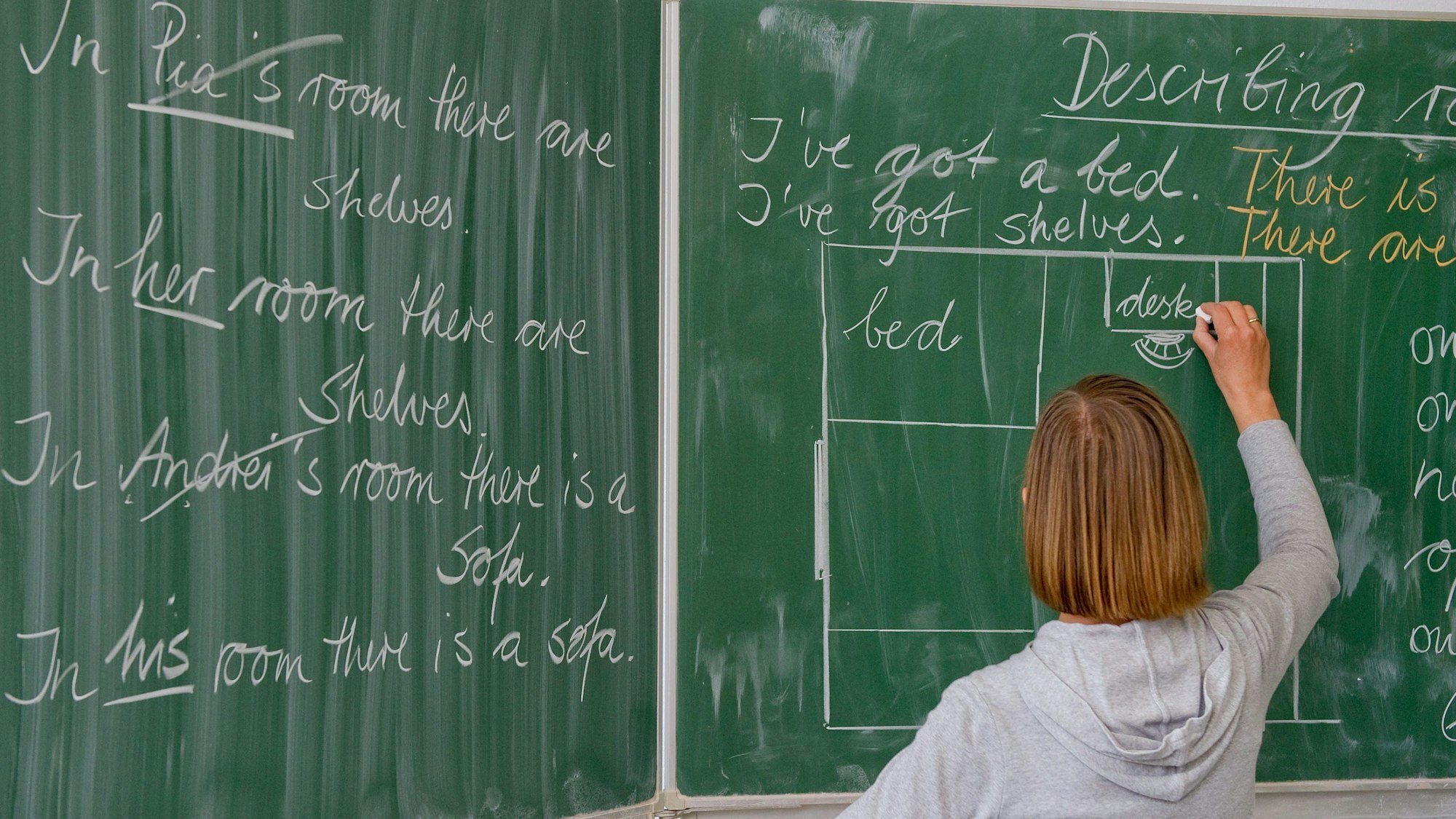 Eine Englisch-Lehrerin einer Grundschule schreibt Unterrichtsinhalte an die Tafel.