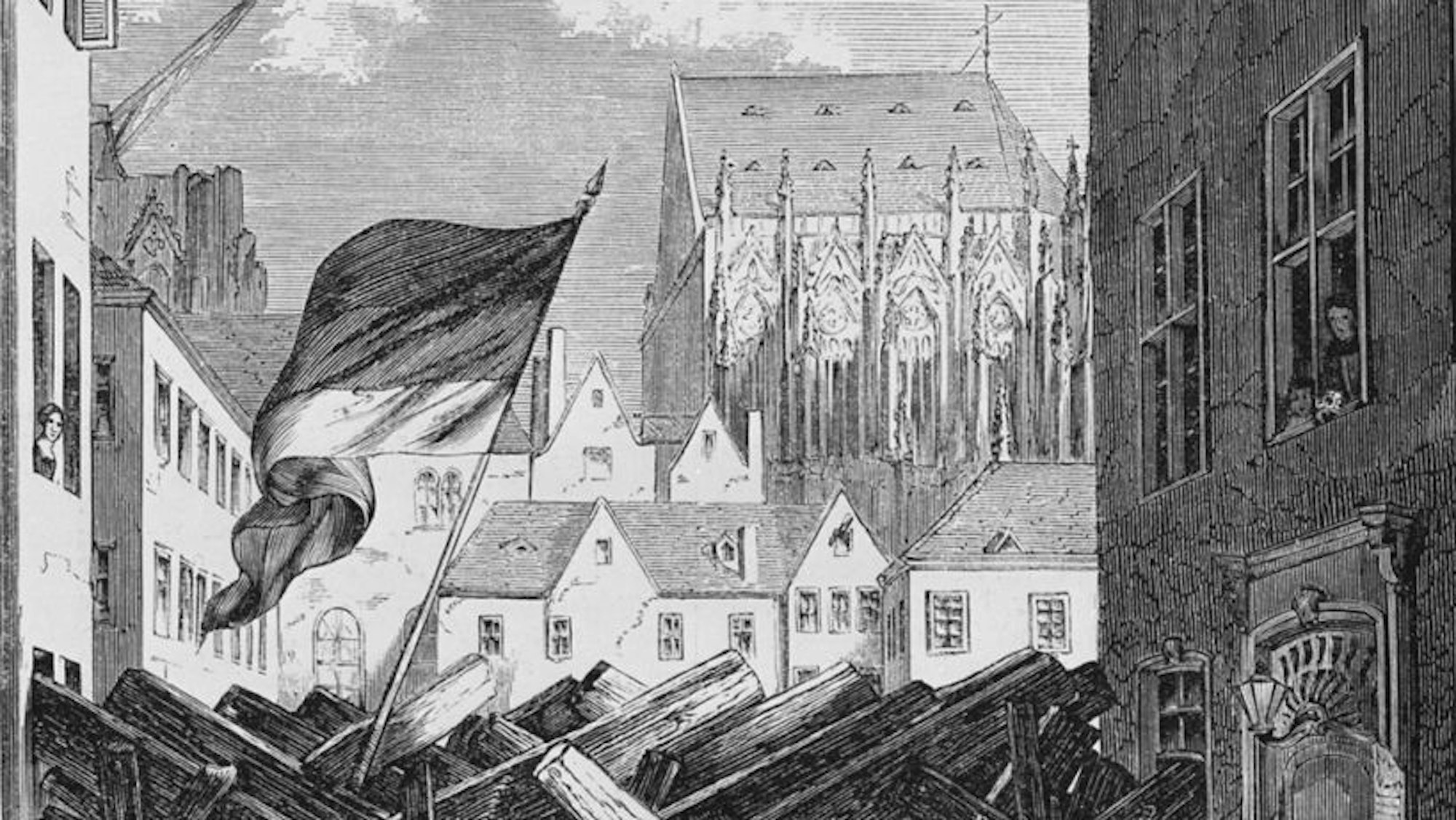 Schwarz-Weiß-Zeichnung, die den Bau von Barrikaden durch Revolutionäre in Köln im Jahr 1848  zeigt.