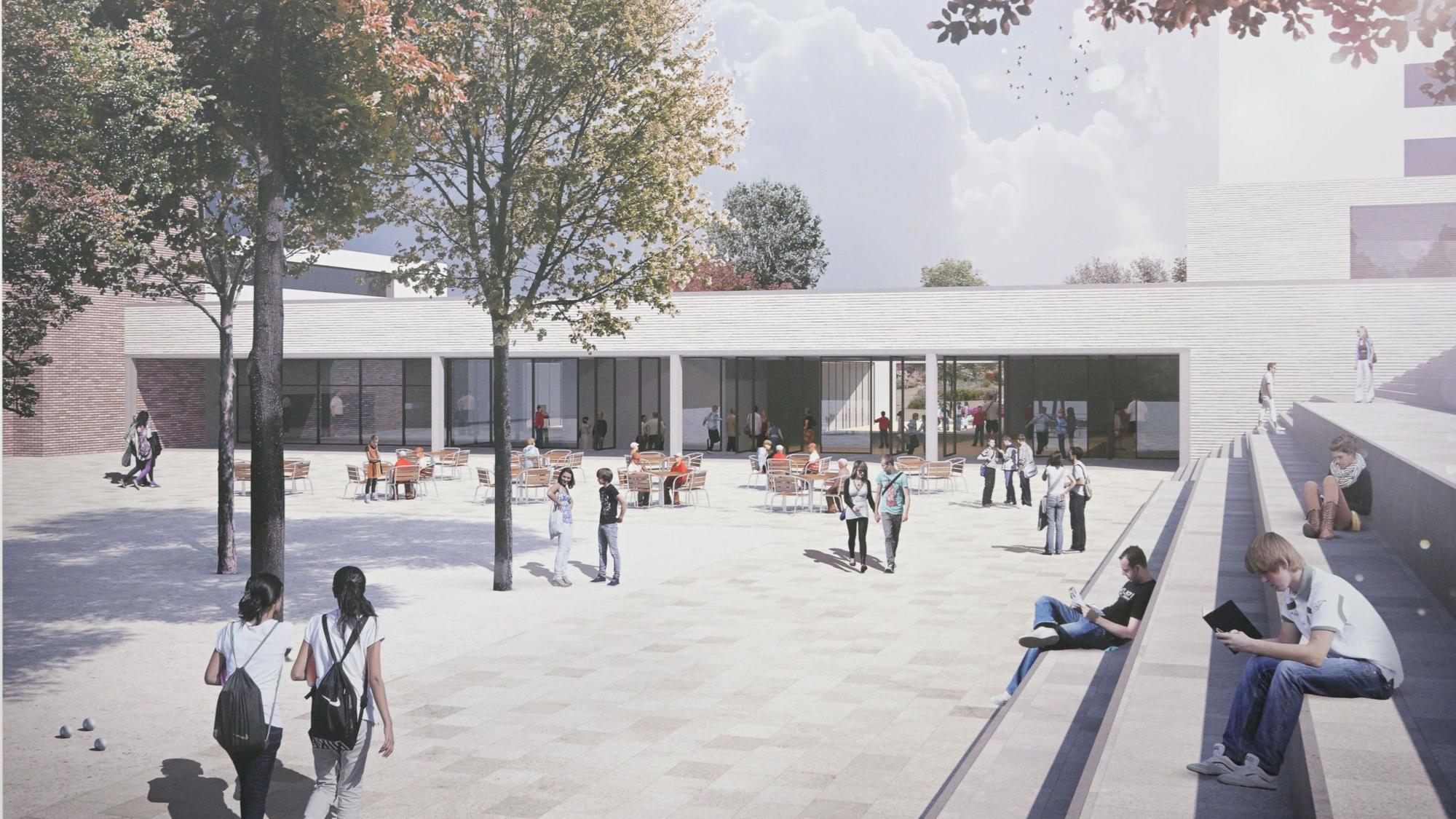 So soll der fertige Zentralbau am Freiherr-vom-Stein-Schulzentrum aussehen. Der Abschluss der Arbeiten wird noch bis 2024 dauern.