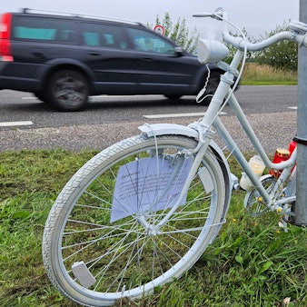 Ein komplett weiß angemaltes Fahrrad ist an einem Mast neben einer Straße angekettet, ein Auto fährt vorbei.