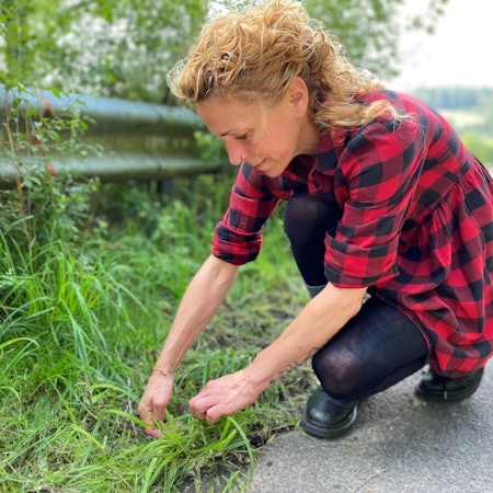 Eine Frau mit blonden Haaren kniet am Straßenrand und hält ihre Hände in das Gras. Sie trägt eine schwarze Hose und ein rot-kariertes Hemd.
