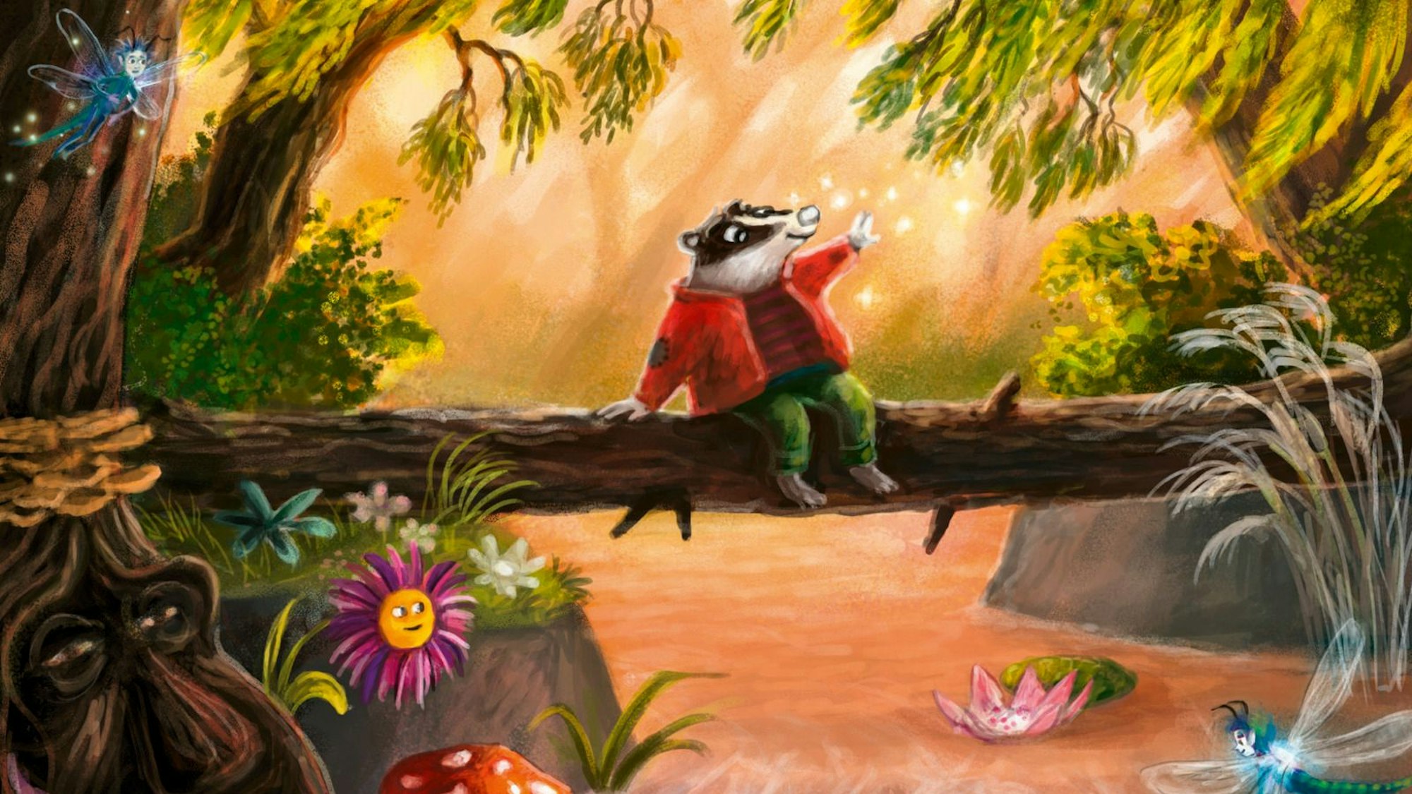 Ein gezeichneter Dachs sitzt auf einem Baumstamm über einem Fluss