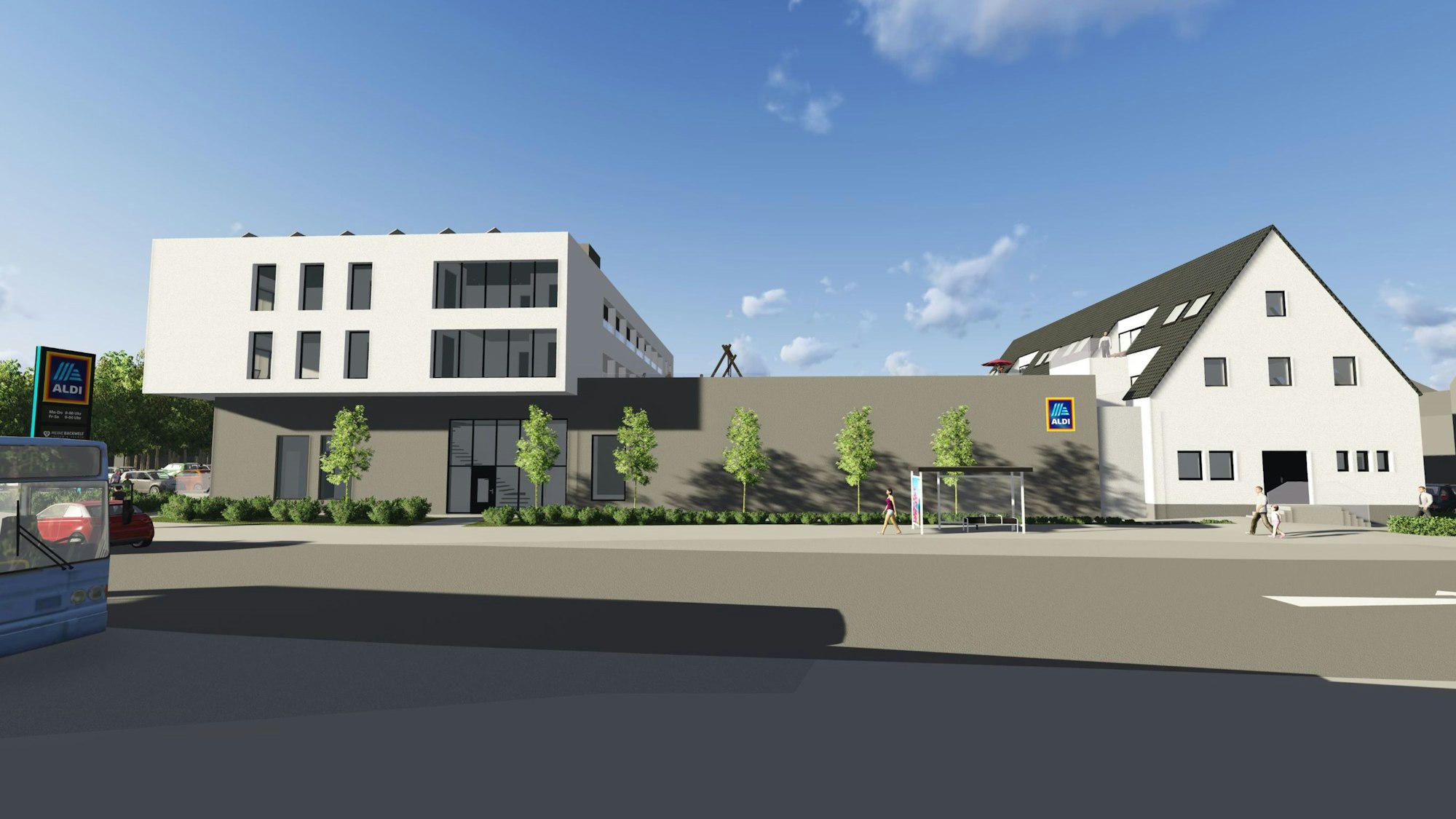 Eine Entwurfszeichnung zeigt den Lebensmittelmarkt und obendrüber zwei Geschosse mit Wohnungen.