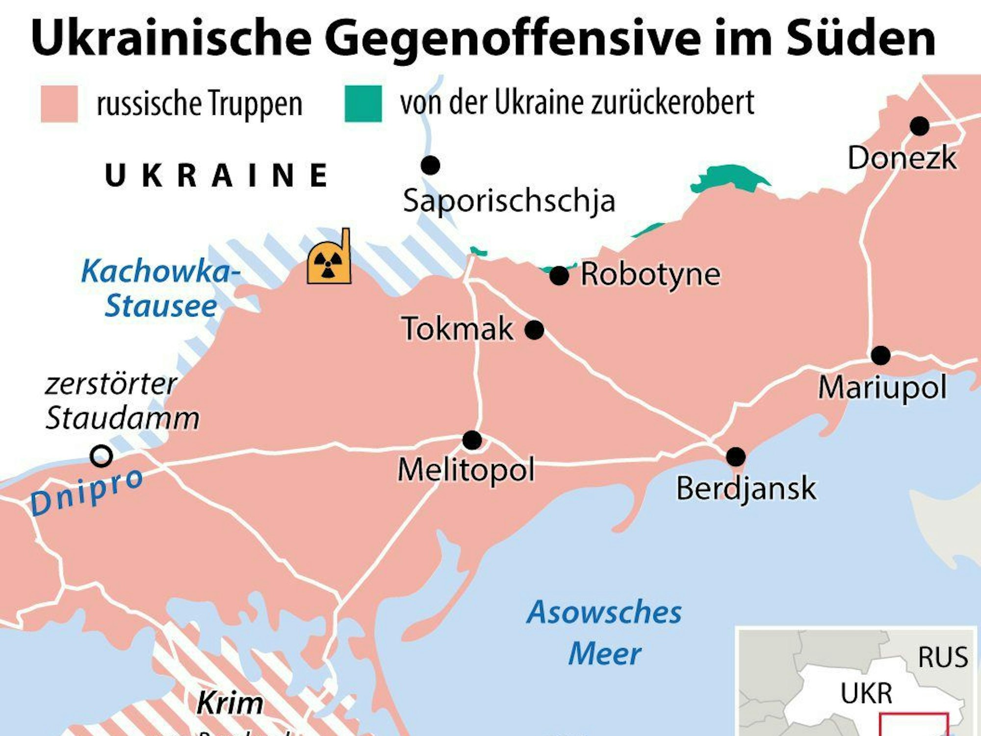 Die Grafik zeigt, wie die ukrainische Gegenoffensive im Süden vorankommt. (Stand 18. August).