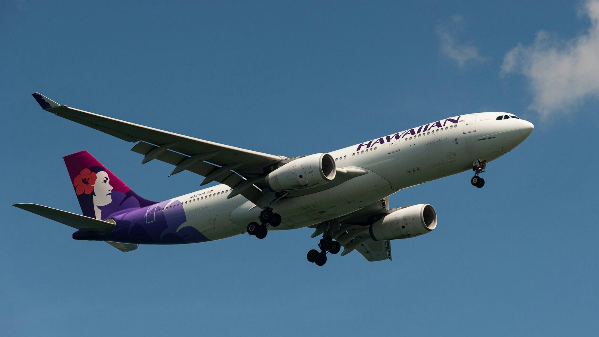 Ein Airbus A330 der US-amerikanischen Fluggesellschaft Hawaiian Airlines beim Start am Himmel. (Symbolbild)
