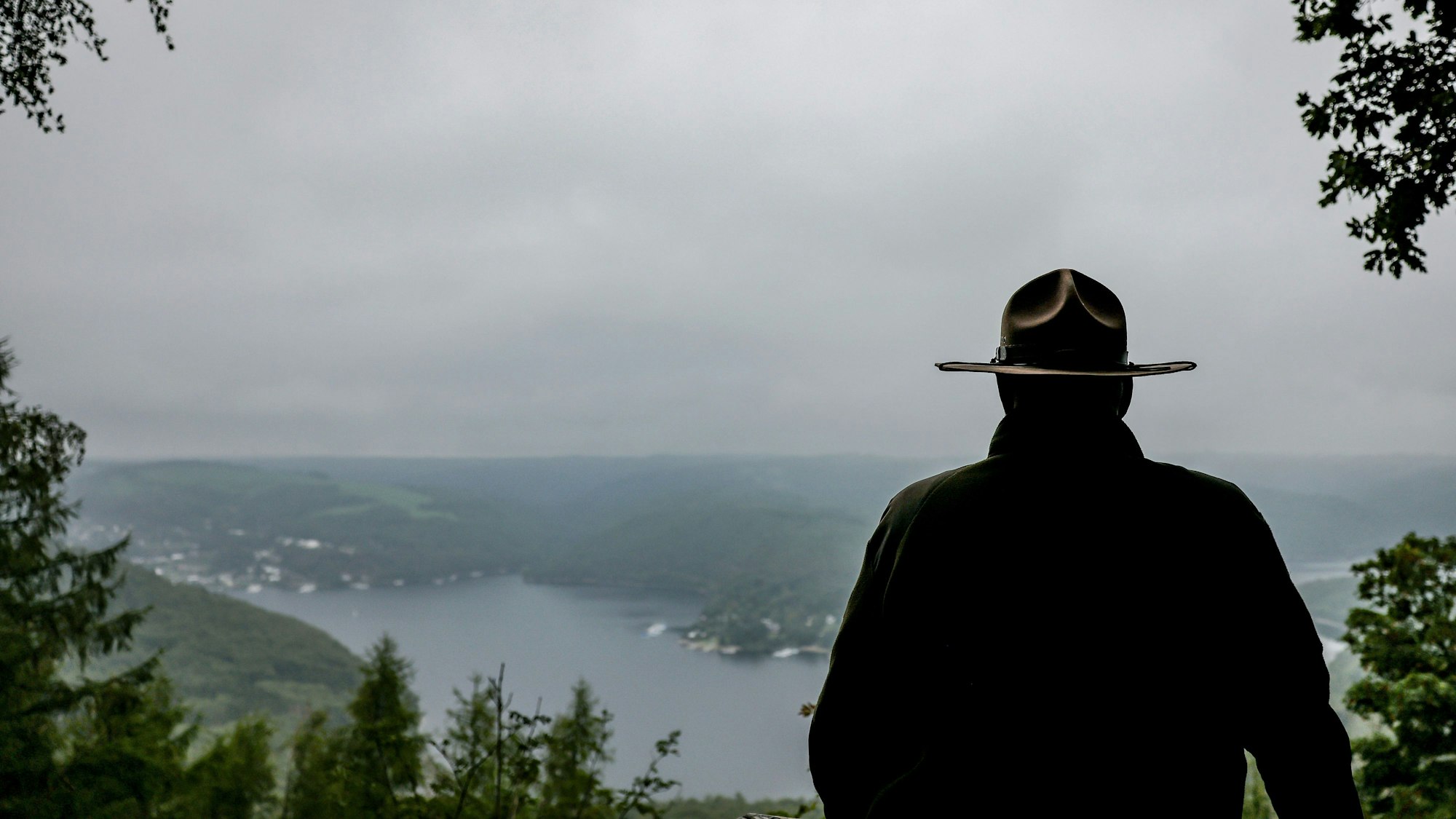 Ein Ranger steht im Nationalpark Eifel oberhalb des Urftsees an einer Lichtung.