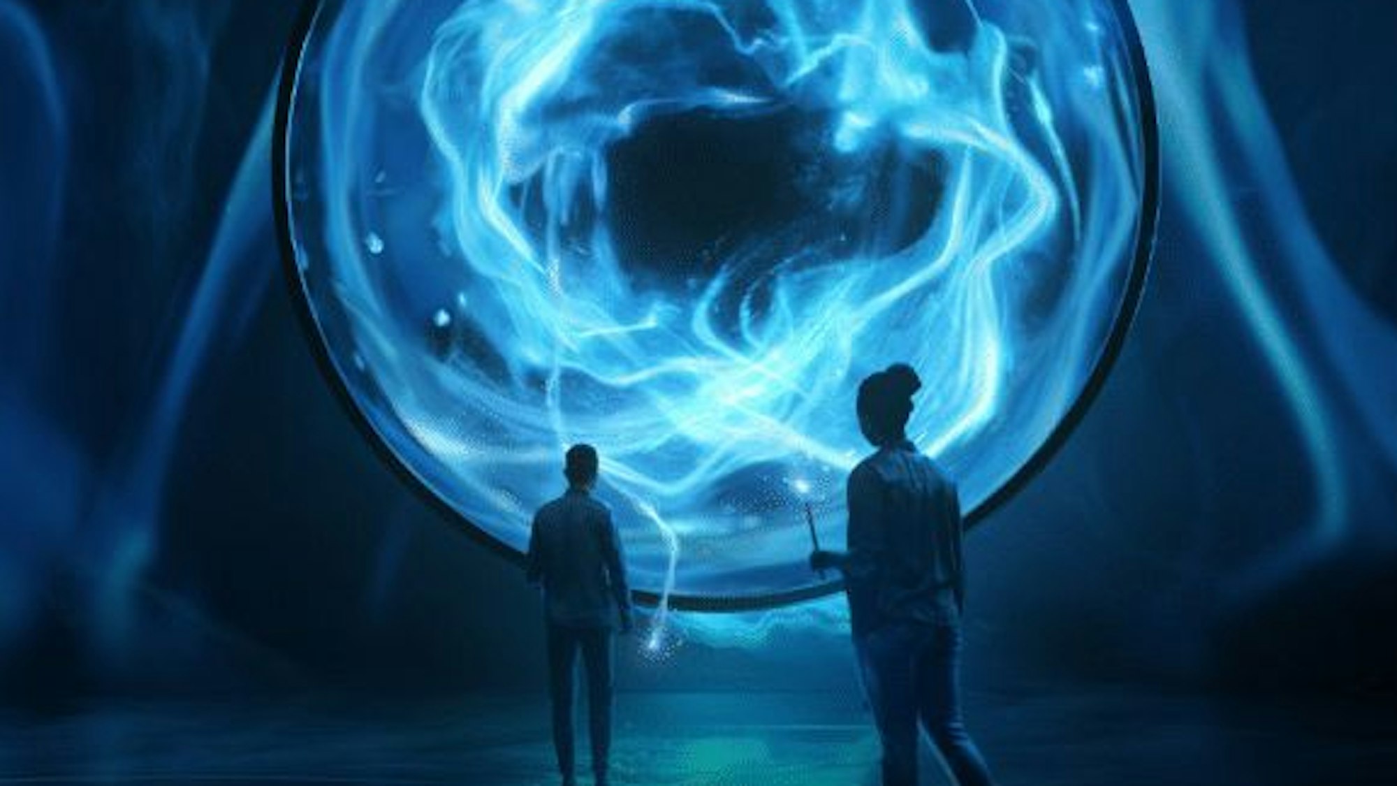 Zwei Personen laufen auf ein blaues, leuchtendes Portal zu.