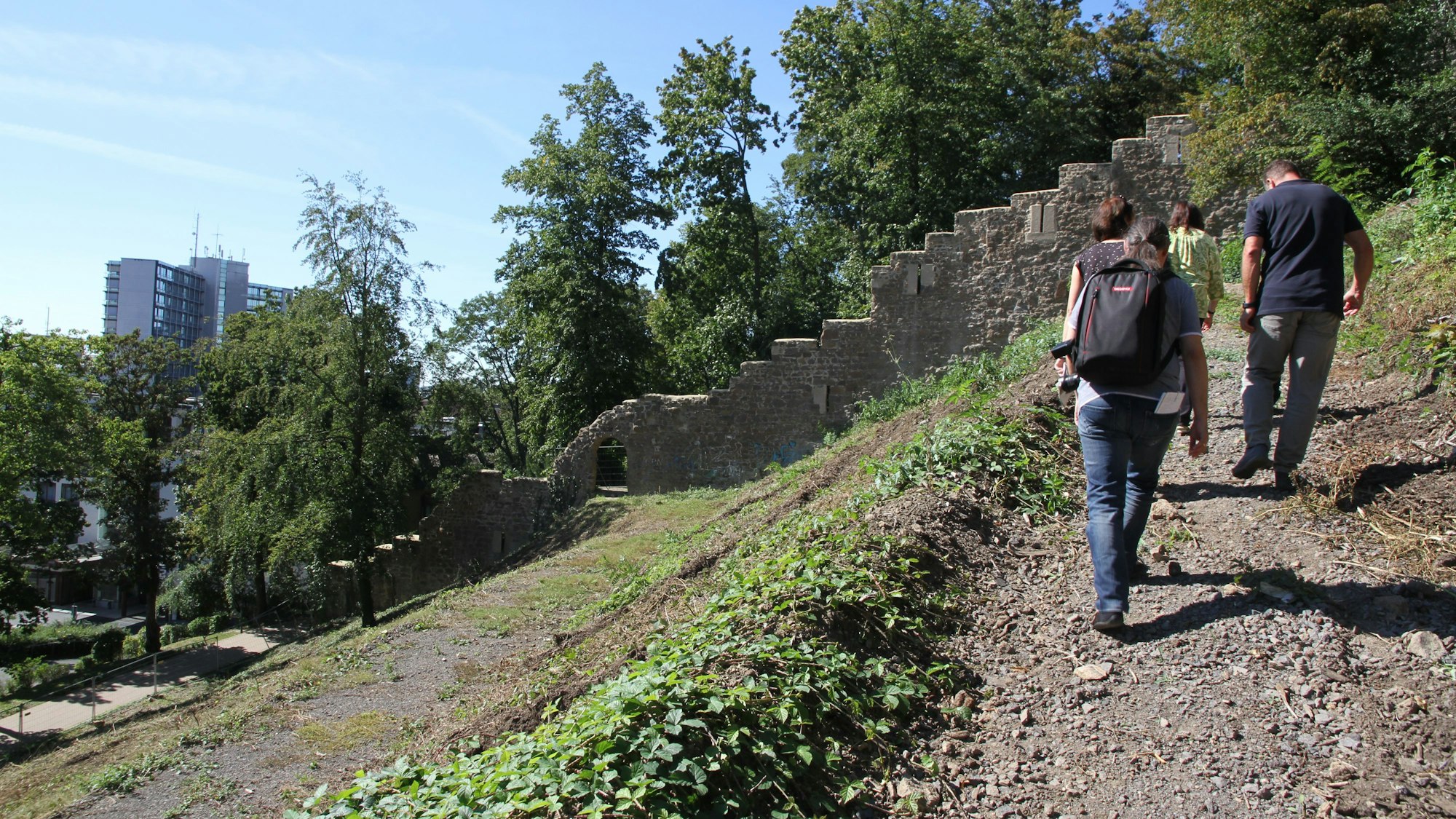 Fußgänger gehen einen felsigen Weg am Michaelsberg hinauf
