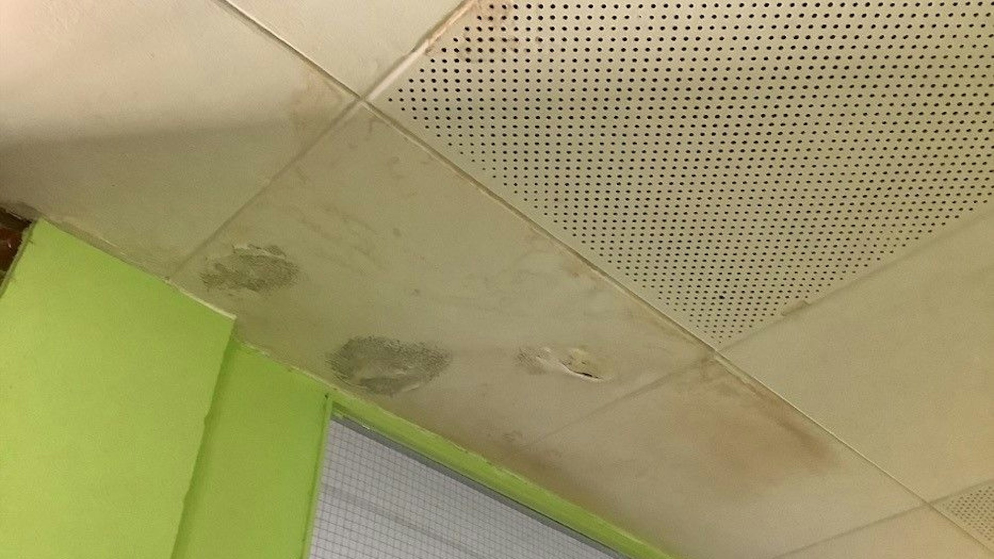 Auf dem Foto ist eine Zimmerdecke mit Feuchtigkeitsschäden zu sehen