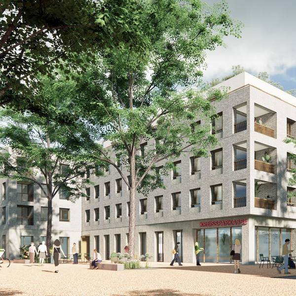 Das Bild zeigt eine Visualisierung des neuen Gebäudes der Kreissparkasse in Frechen.