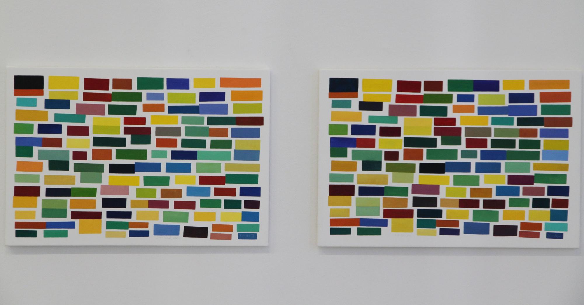 Ausstellung Ines Hock im Stadtmuseum, zwei Bilder mit vielen Vierecken in verschiedenen Farben