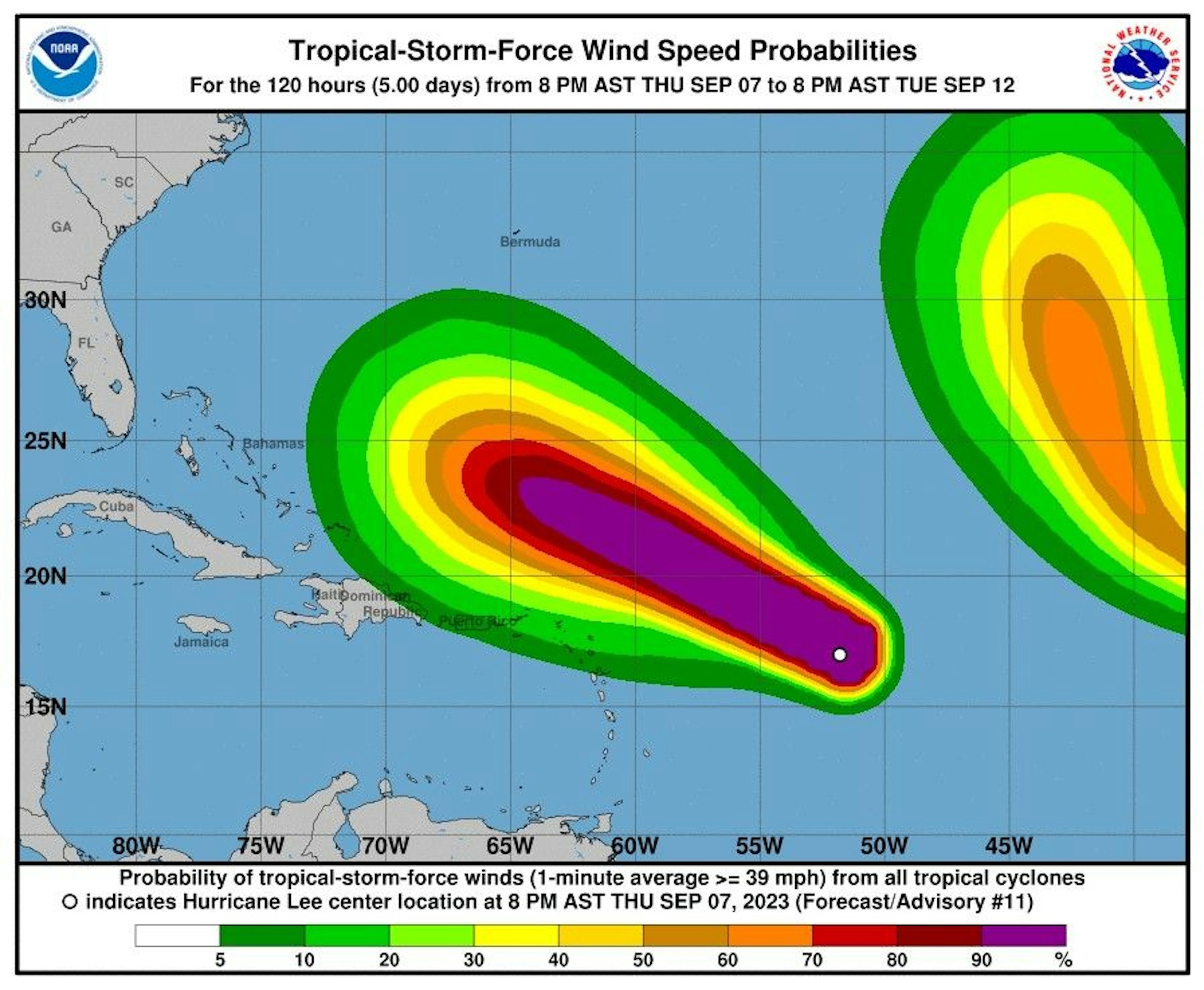 Der mögliche Weg von Hurrikan Lee, prognostiziert von Wettermodellen des US-amerikanischen National Hurricane Centers (NHC). Es wird erwartet, dass Lee am Wochenende auf Land trifft.