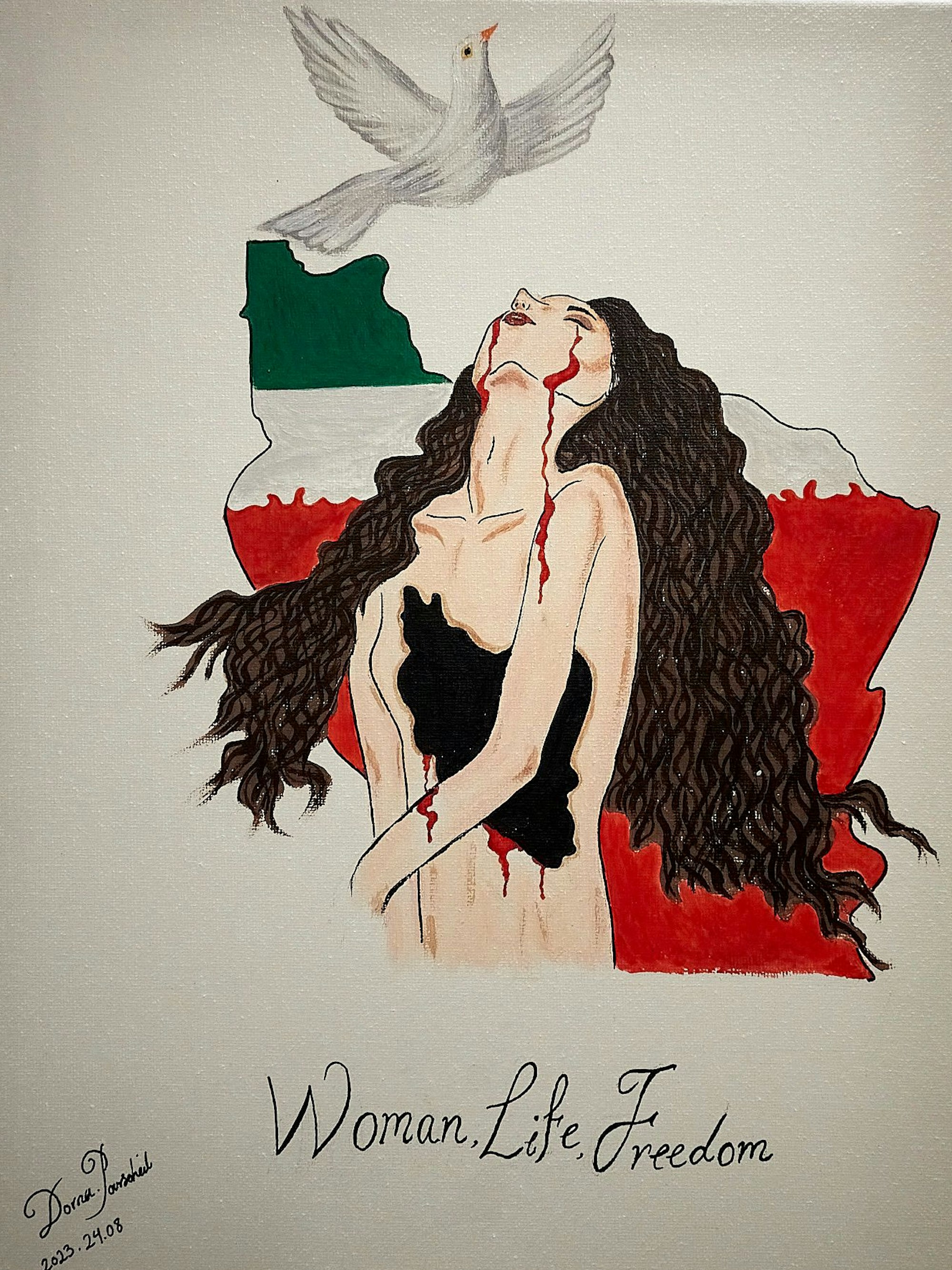 Eine farbige Zeichnung zeigt unter anderem eine Friedenstaube und eine blutende Frau vor den iranischen Landesfarben.