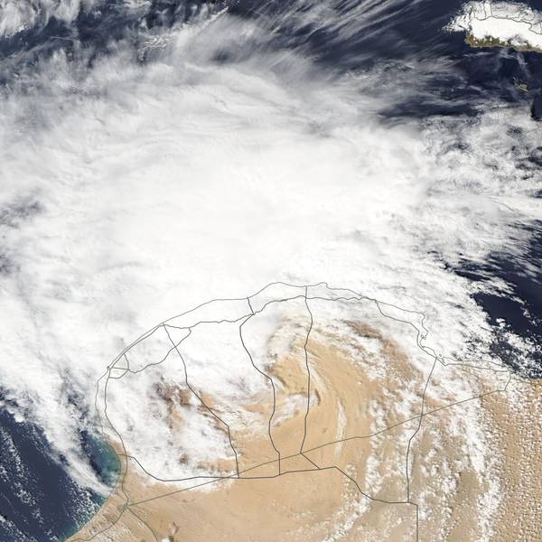 Medicane Daniel, ein Mittelmeer-Hurrikan, ist auf einer Satellitenaufnahme der Nasa über dem Mittelmeer und vor der nordafrikanischen Küste zu sehen.