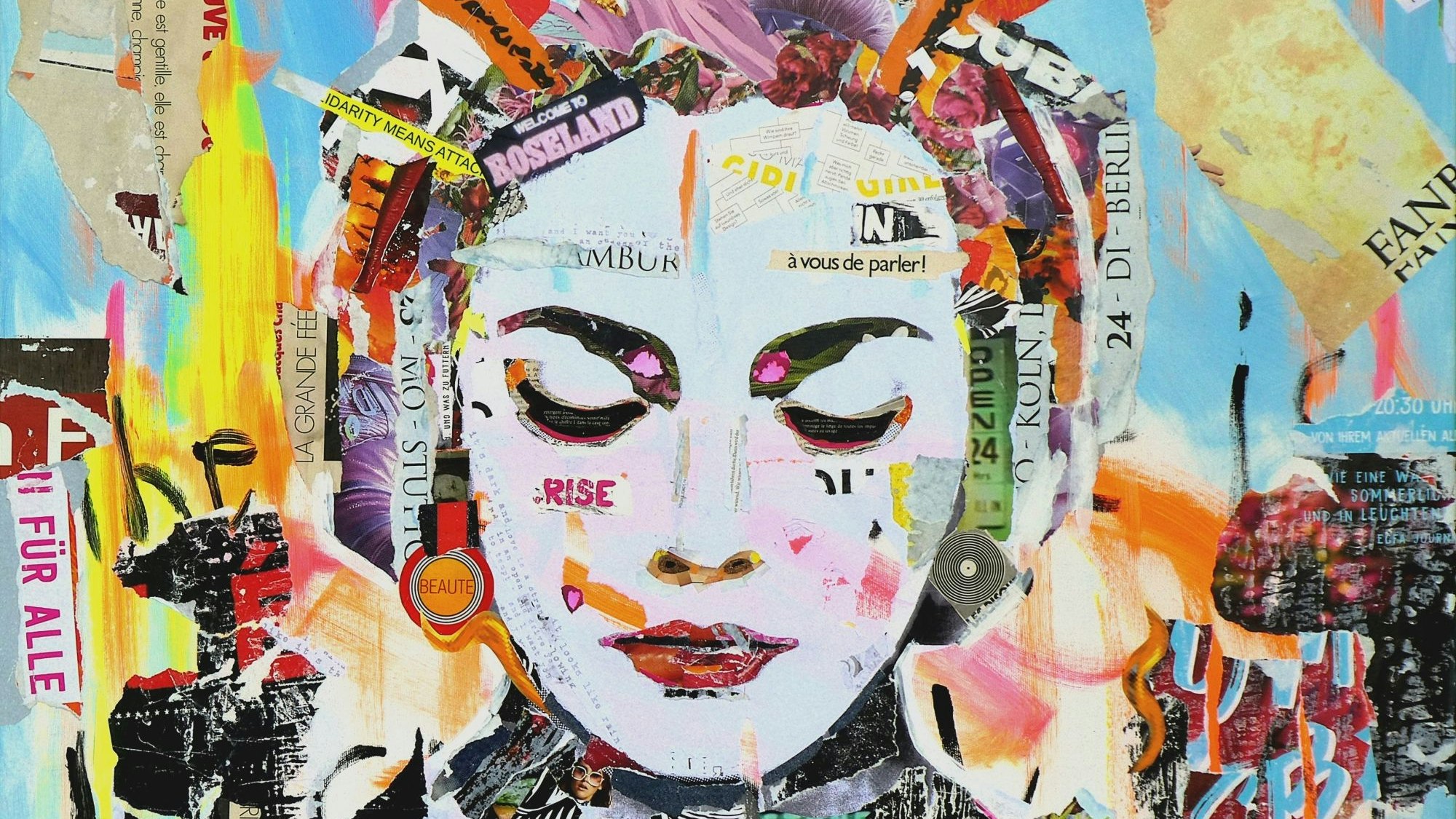 Ein Frauengesicht mit geschlossenen Augen ist das Zentrum einer bunten Collage.