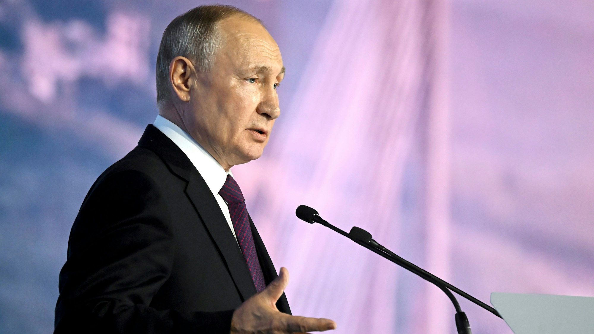 Russian President Vladimir Putin addresses a plenary session of the Eastern Economic Forum in Vladivostok, Russia, Tuesday, Sept. 12, 2023. (Pavel Bednyakov, Sputnik, Kremlin Pool Photo via AP)