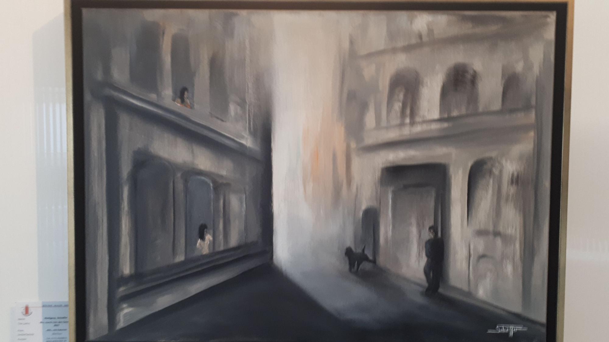 Ein Schwarz-Weiß-Bild zeigt eine Szene in der Straße Am Stavenhof.