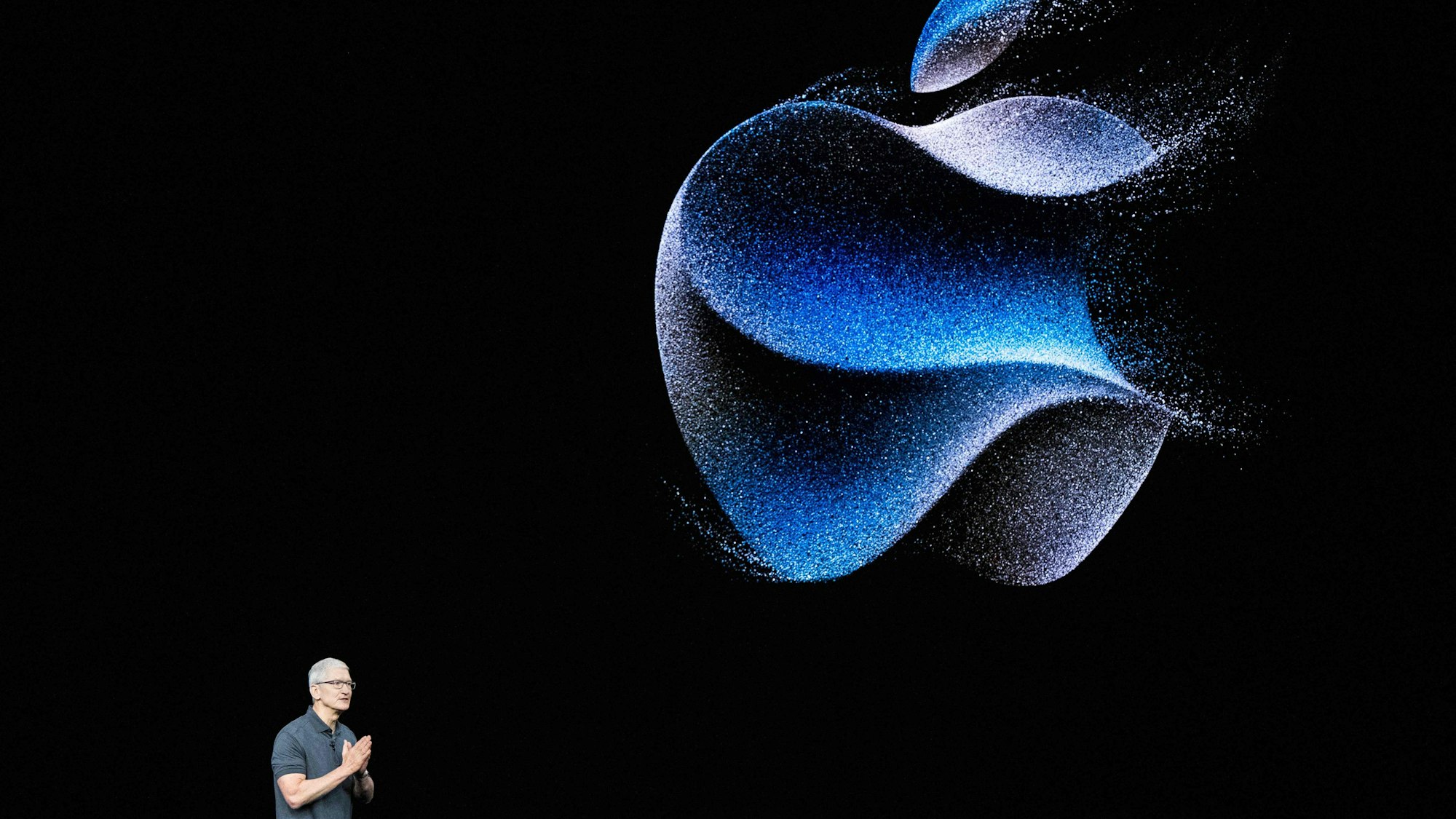 Tim Cook, chief executive officer of Apple Inc., speaks during a launch event for the new Apple iPhone 15 at Apple Park in Cupertino, California, on September 12, 2023.