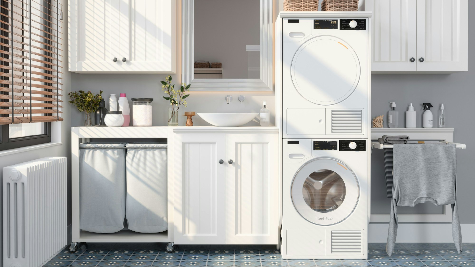 Modernes Badezimmer mit Waschmaschine und Trockner übereinander.