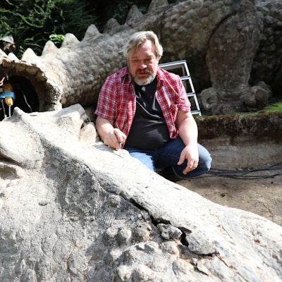 Der Kopf des Drachen mit den weiteren Rissen zeigt Boris Schnarbach in der Nibelungenhalle.