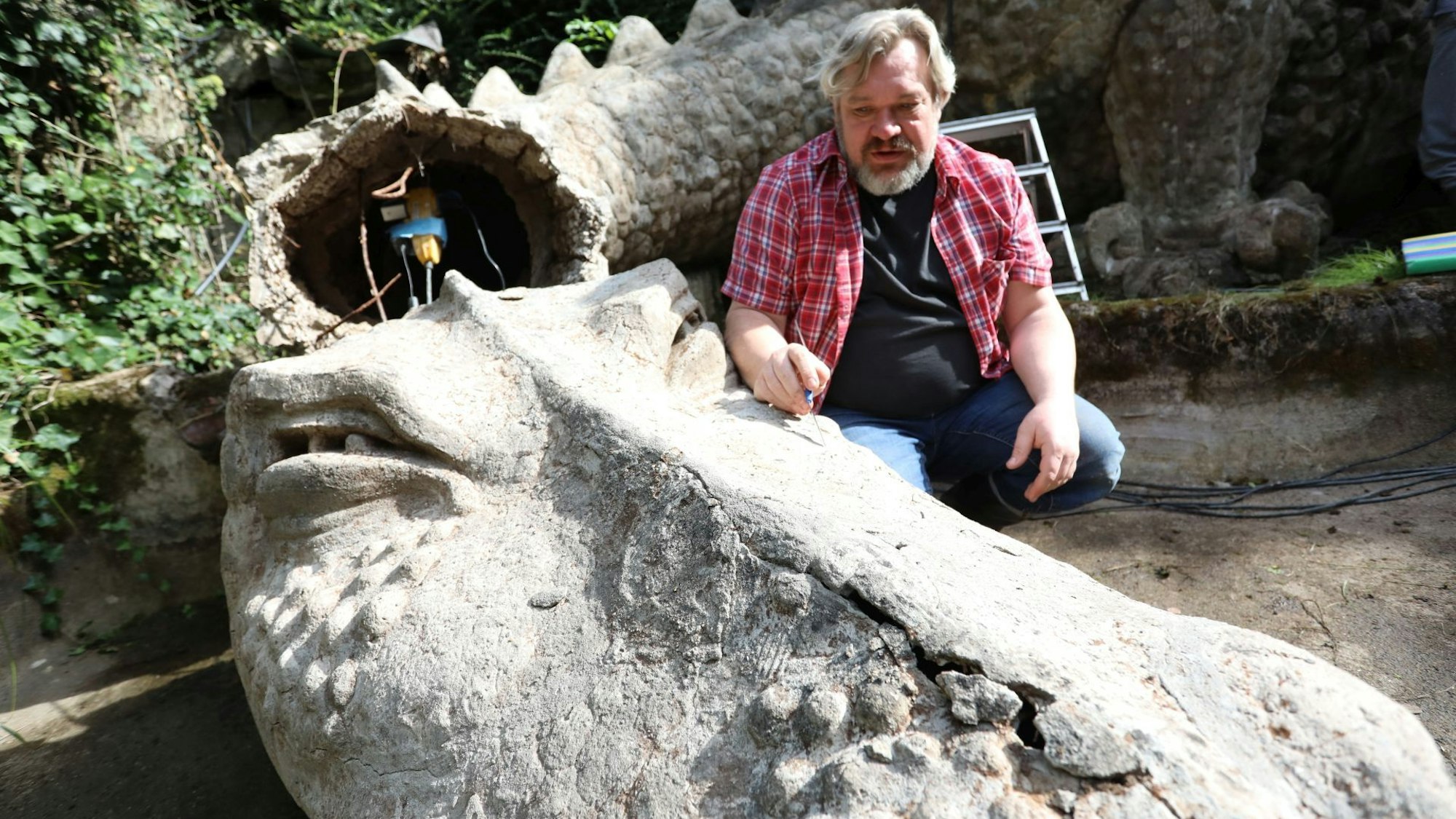 Der Kopf des Drachen mit den weiteren Rissen zeigt Boris Schnarbach in der Nibelungenhalle.