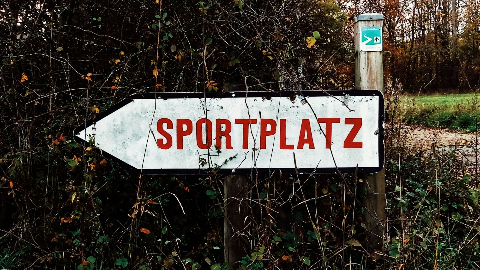 Ein Hinweisschild vor einer Hecke weist den Weg zu einem Sportplatz.