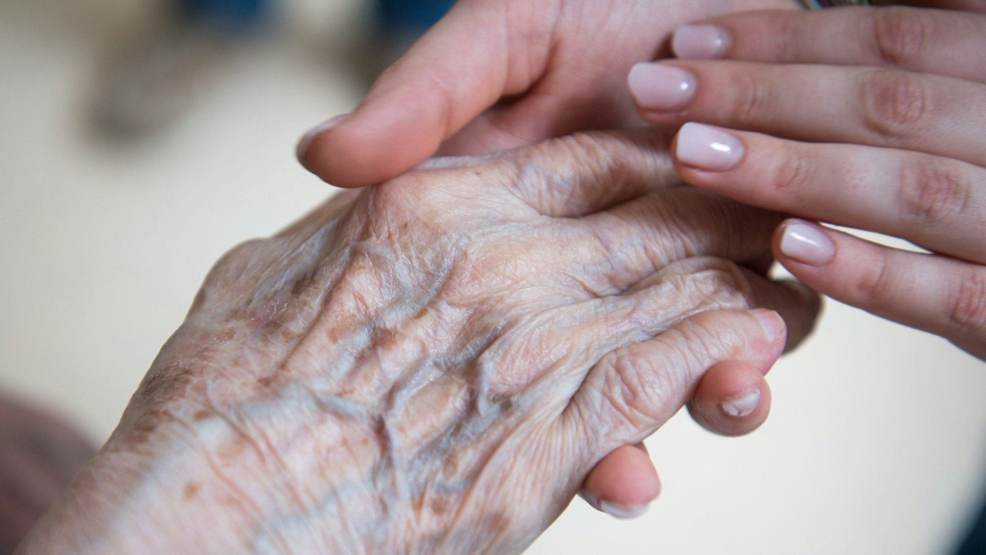 Eine Frau hält die Hand einer Seniorin.