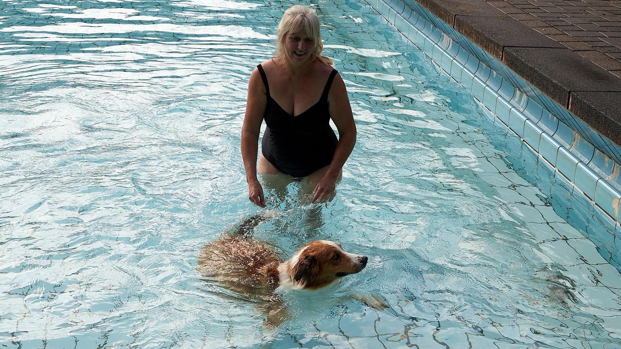 Eine Frau steht im dunklen Badeanzug in einem Schwimmbecken. Vor ihr schwimmt ein weiß-braun gefleckter Hund.