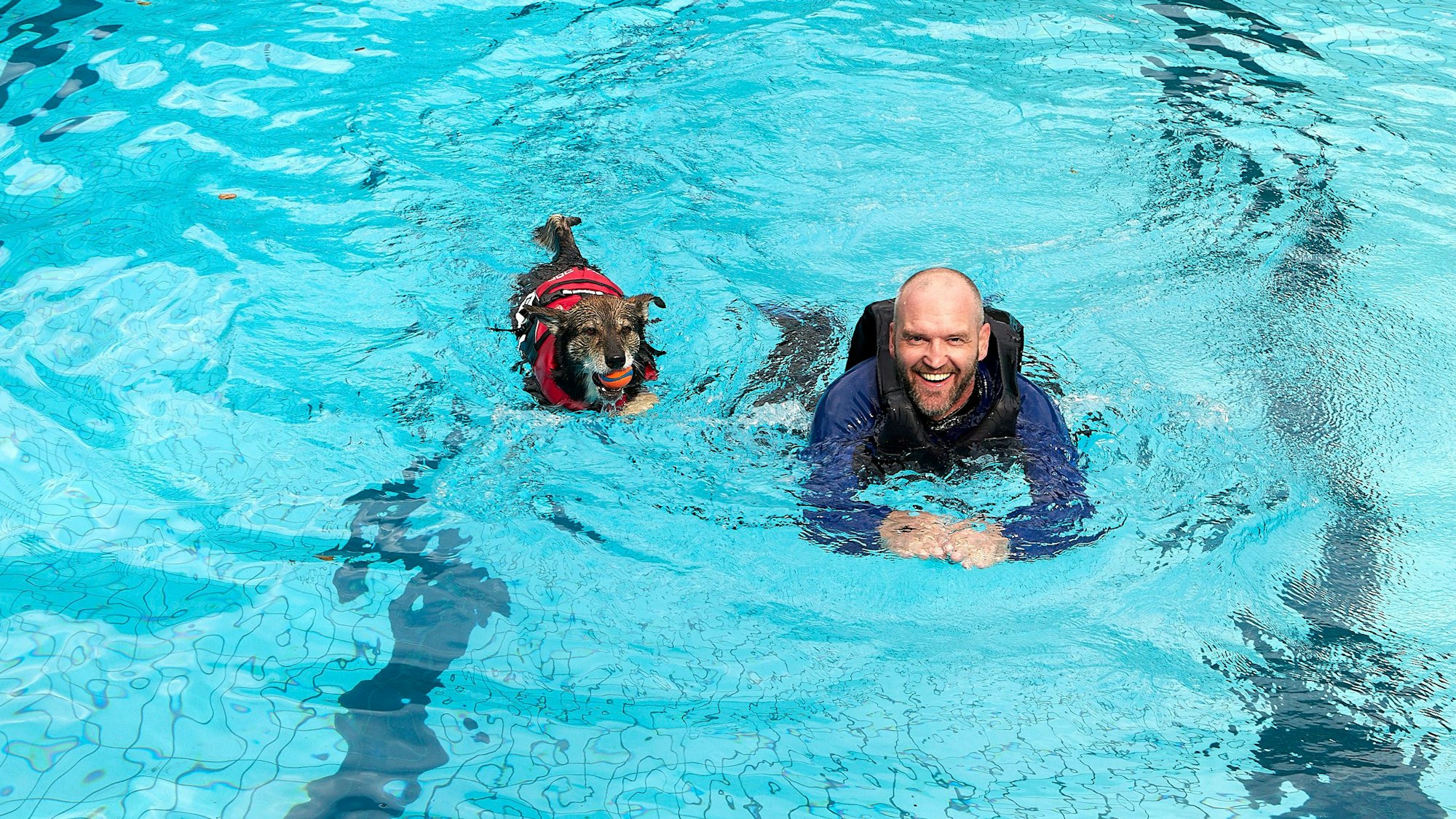 Ein Mann mit langer Schwimmkleidung und Schwimmweste schwimmt neben einem Hund in roter Schwimmweste im Becken eines Freibades.
