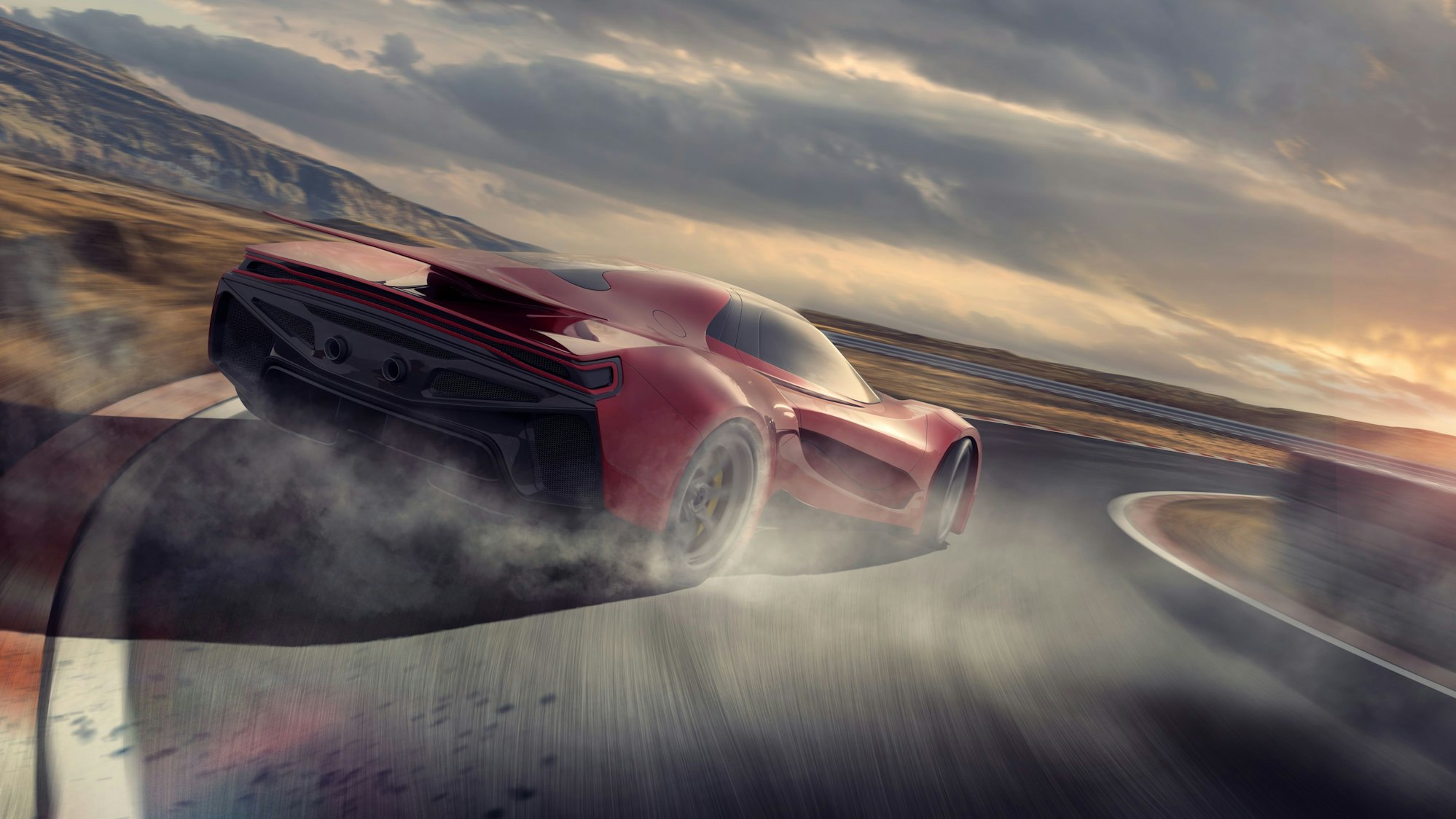 A generic red sports car moving at high speed around the corner of a racetrack. The vehicle is drifting around the corner, with smoke coming from its spinning rear tires. The racetrack is fictional in a remote location near to hill. It is sunset under a cloudy evening sky.