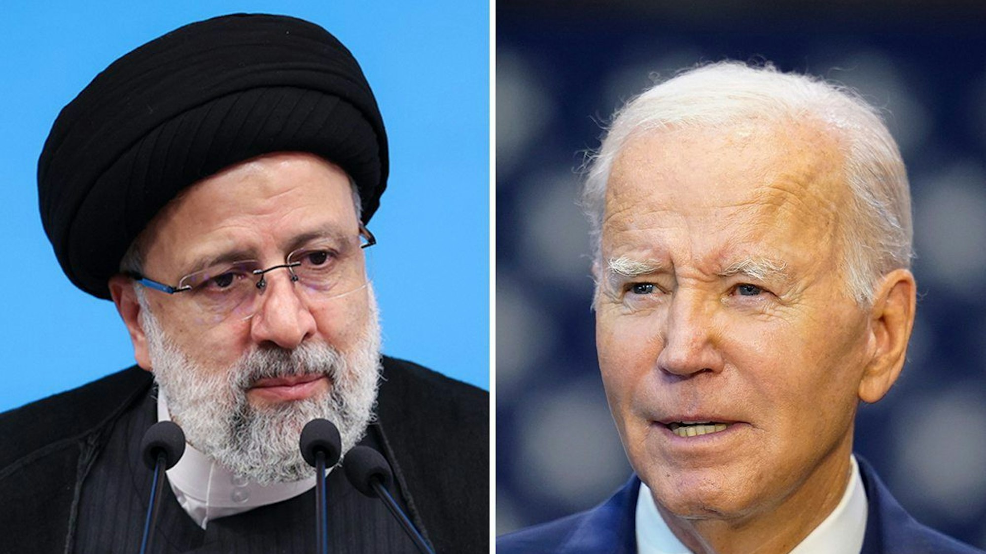 Die Kombo aus Archivbildern zeigt Ebrahim Raisi (l, Iran, Teheran, 29.08.2023), Präsident des Iran, und Joe Biden (USA, Largo, 14.09.2023), Präsident der USA.