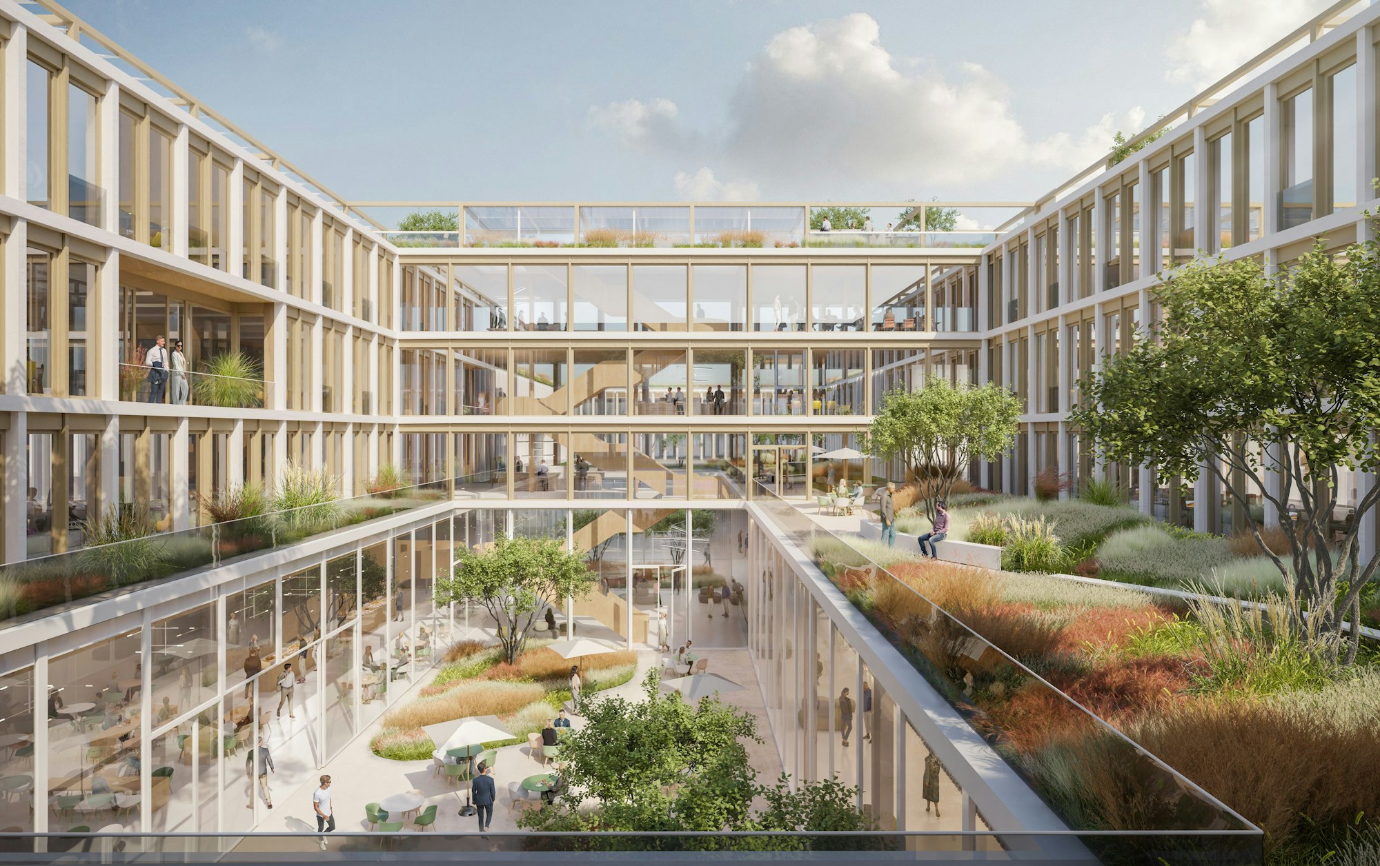 So könnte der begrünte Innenhof der möglichen neuen Unternehmenszentrale der Kölnmesse aussehen.