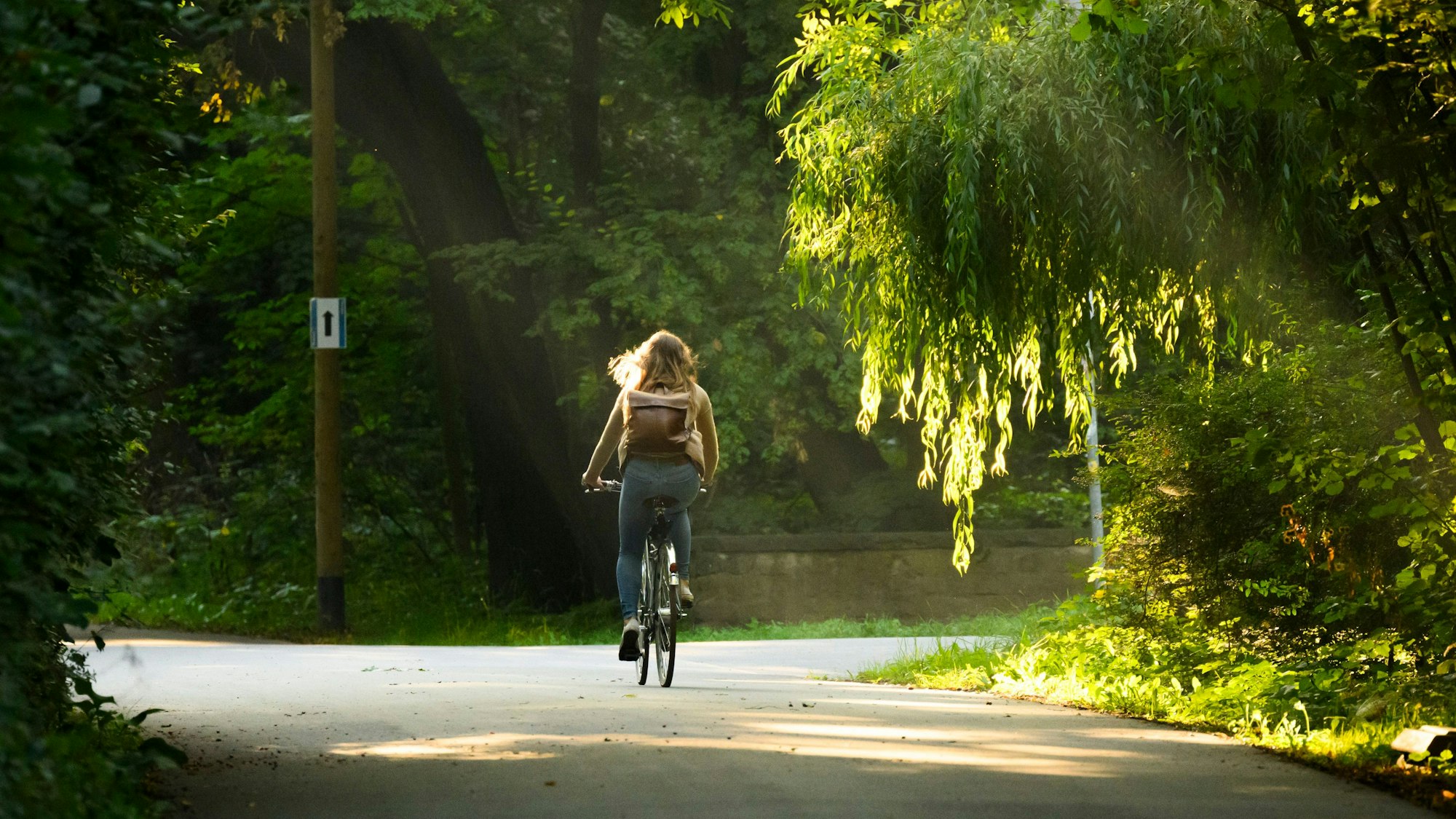 Eine Frau fährt mit ihrem Fahrrad durch einen Park.