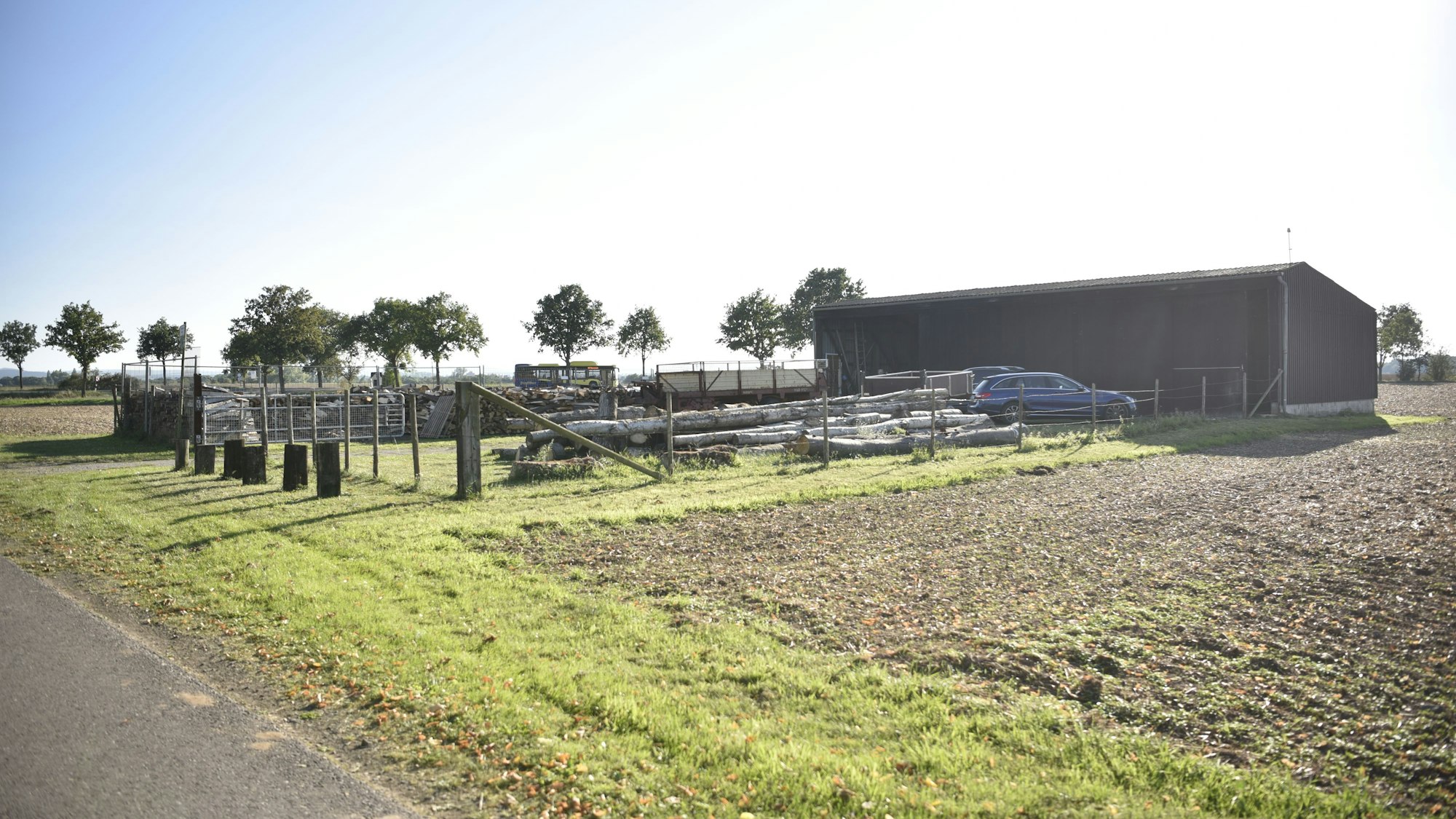 Neben einem Feld ist der Schuppen zu sehen, in dem Leon Pesch für die Deutschen Meisterschaften im Sportholzfällen trainiert.