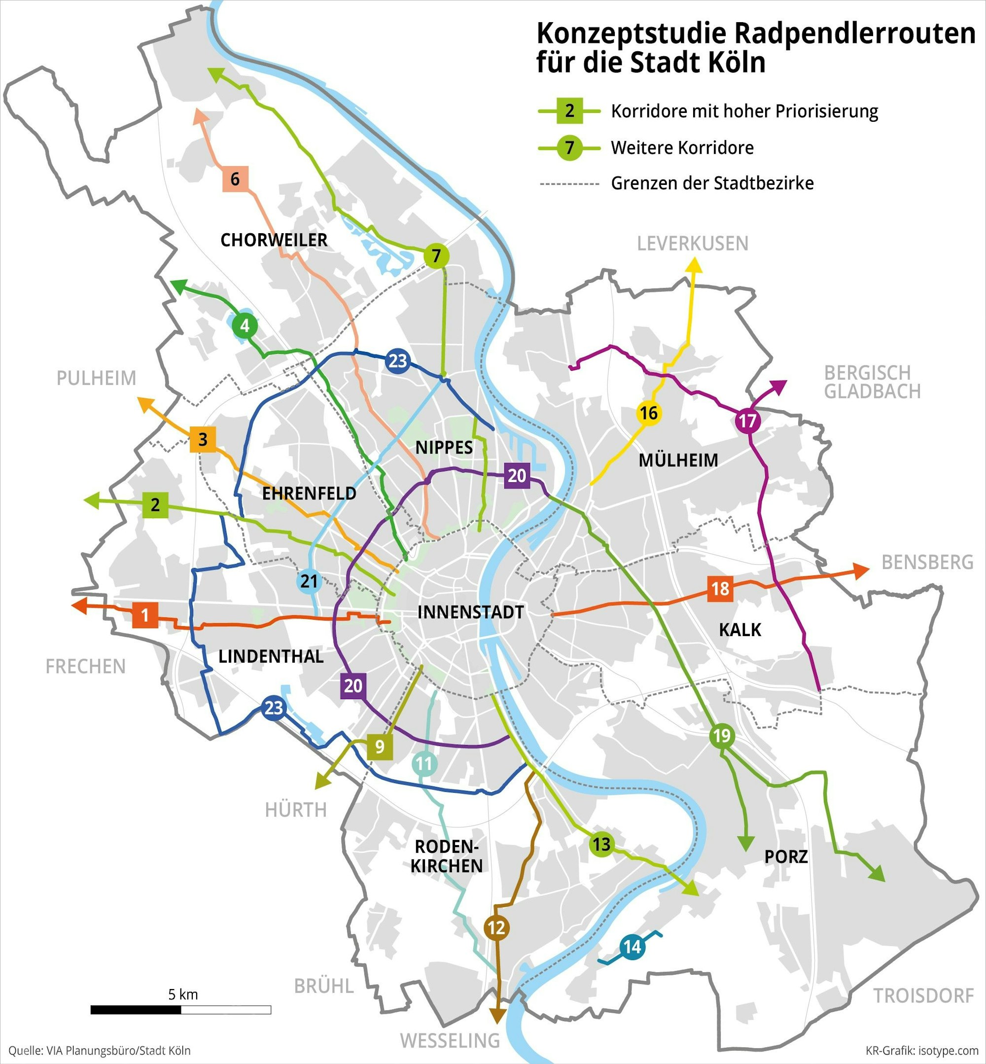 Eine Karte von Köln zeigt die Radrouten für Köln