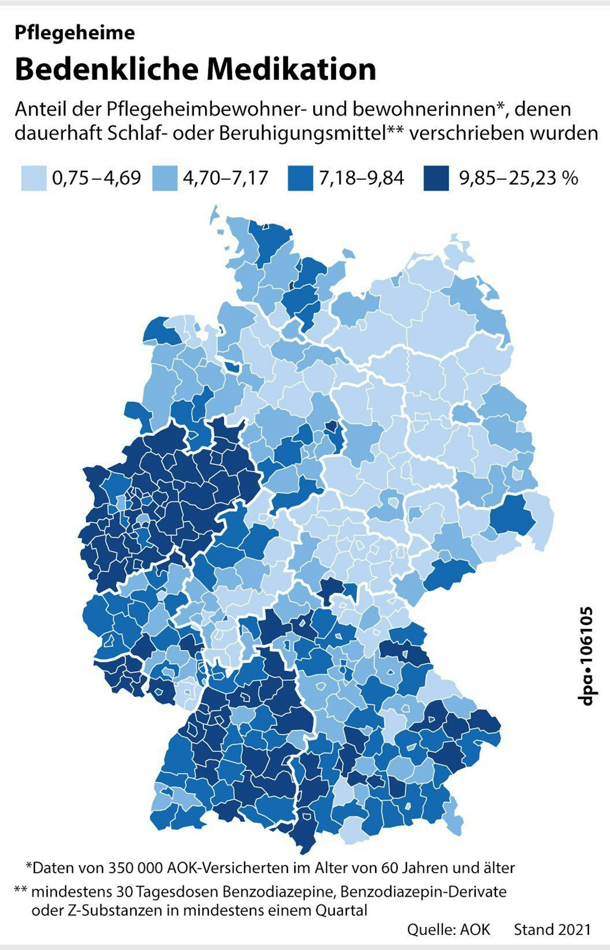 Grafik-Karte Nr. 106105, Hochformat 90 x 140 mm, "Regionale Verteilung: Verabreichung von Schlaf- u. Beruhigungsmittel in Pflegeheimen", Grafik/Redaktion: A. Brühl