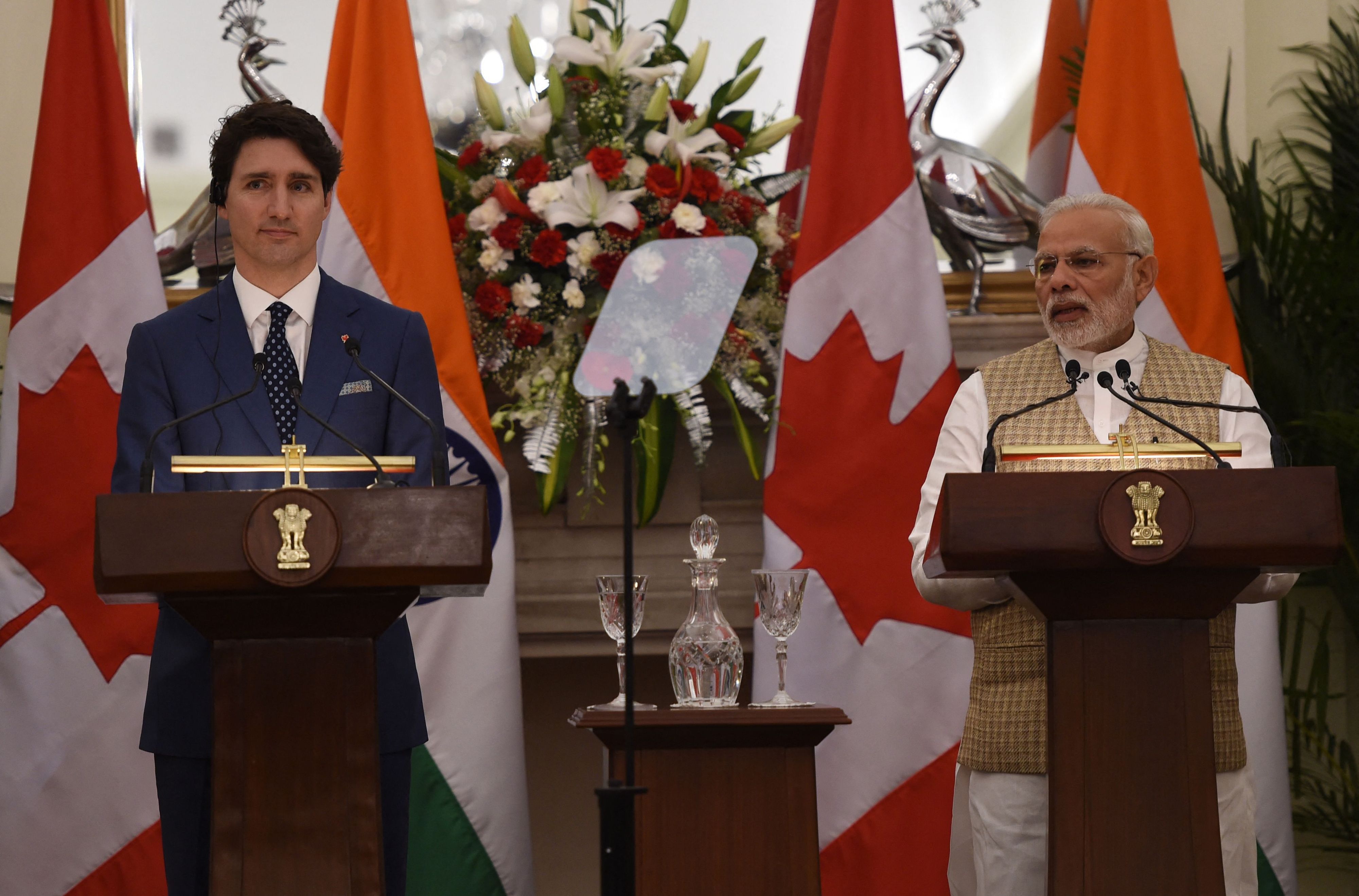 Der indische Premierminister Narendra Modi und der kanadische Premierminister Justin Trudeau während einer gemeinsamen Presseerklärung.