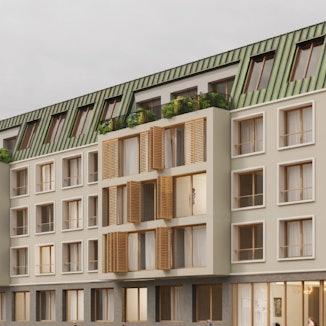 Eine Visualisierung zeigt ein überwiegend in Brauntönen gehaltenes Gebäude.