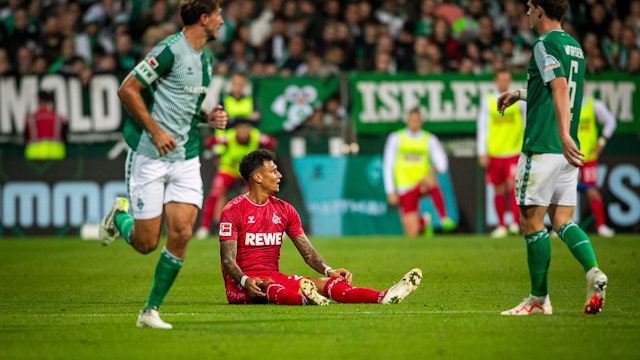 GER, 1.FBL, SV Werder Bremen vs 1. FC Köln / 23.09.2023, wohninvest WESERSTADION, GER, 1.FBL, SV Werder Bremen vs 1. FC Köln im Bild Davie Selke 1. FC Köln 27 bleibt auf dem Boden sitzen,