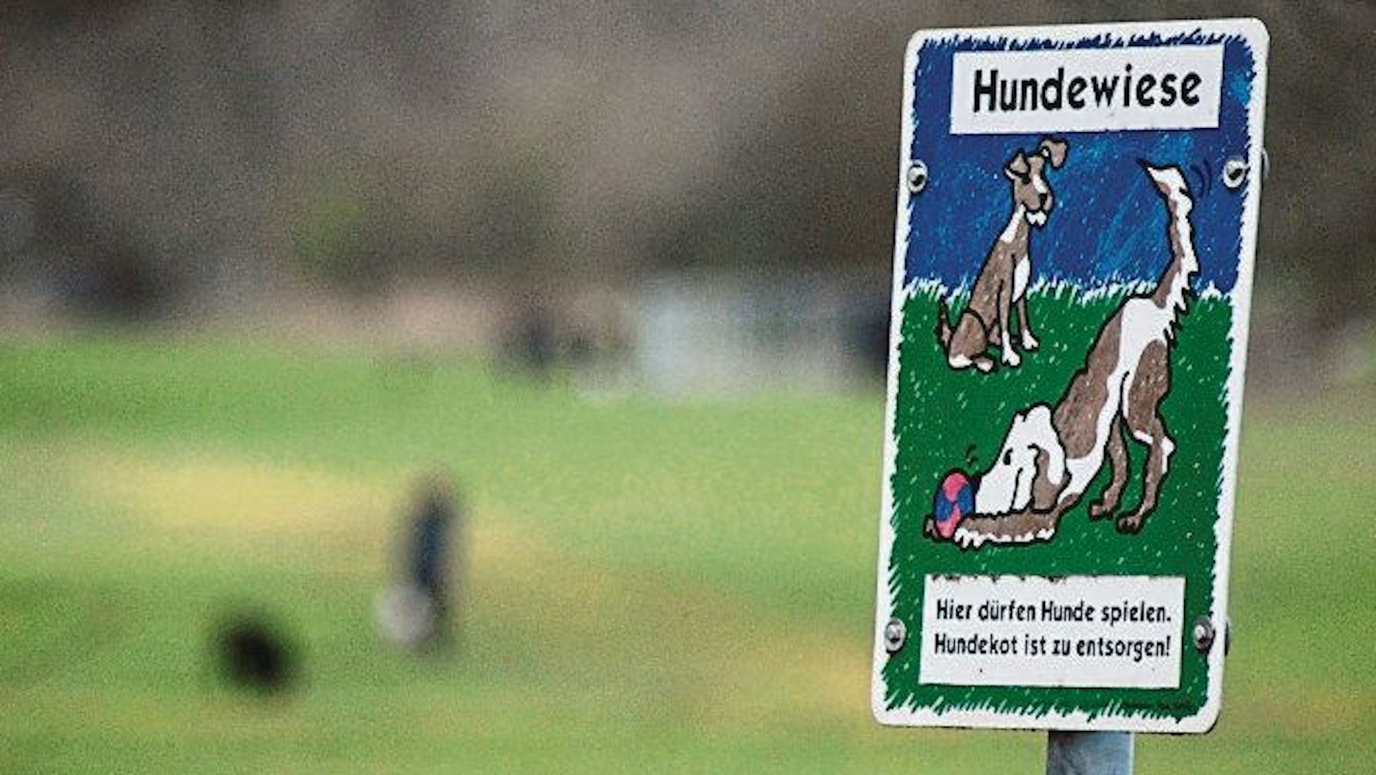Schild auf einer Hundewiese mit Karikatur