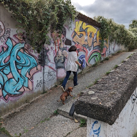Eine Frau mit Hund steigt eine Rampe neben einer Treppe hinauf, im Hintergrund eine Betonwand mit Graffiti.